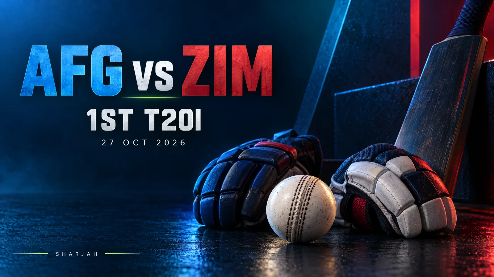 A white cricket ball, unbranded gloves and bat in a dark blue-and-crimson studio composition; original Afghanistan–Zimbabwe first-T20I artwork, not a real player or Sharjah photograph.