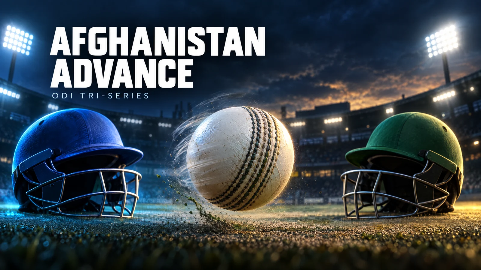 Original conceptual illustration of blue and green cricket helmets and a spinning ball; not a photograph of the match or players