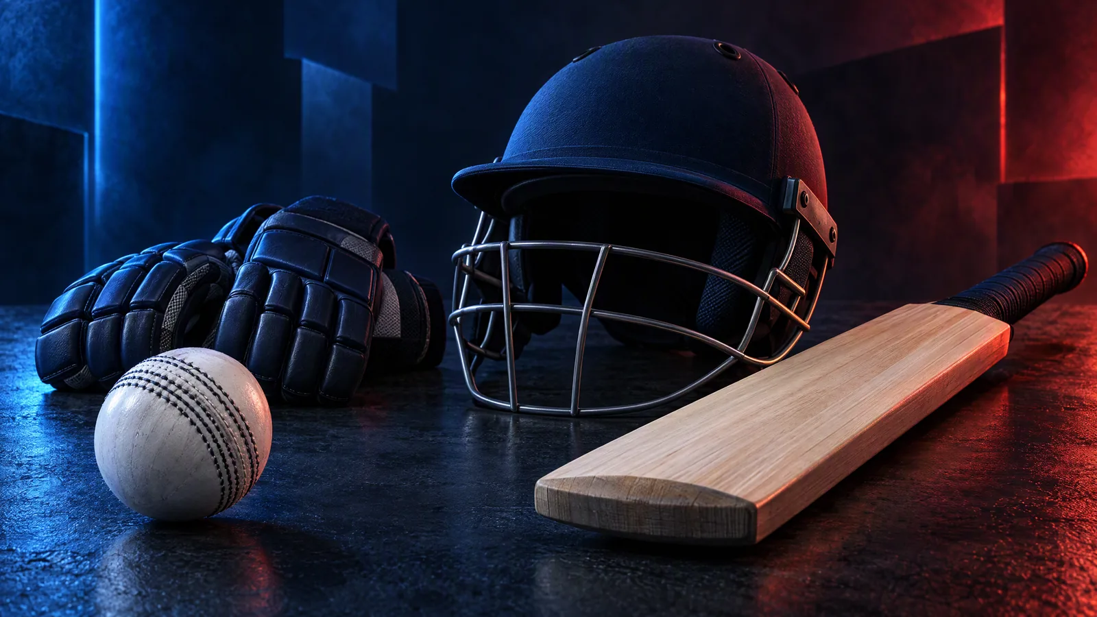 Original unbranded cricket equipment illustration with a white ball, helmet, gloves and bat in blue-red studio light; not actual players or stadium photography.