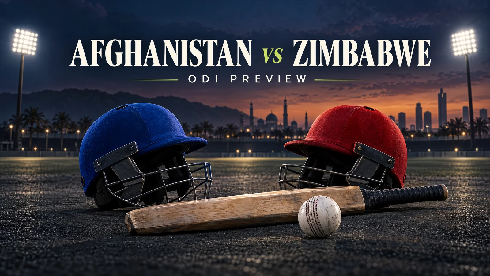 Original editorial illustration of blue and red cricket helmets for the Afghanistan vs Zimbabwe ODI preview; not a match or stadium photograph.