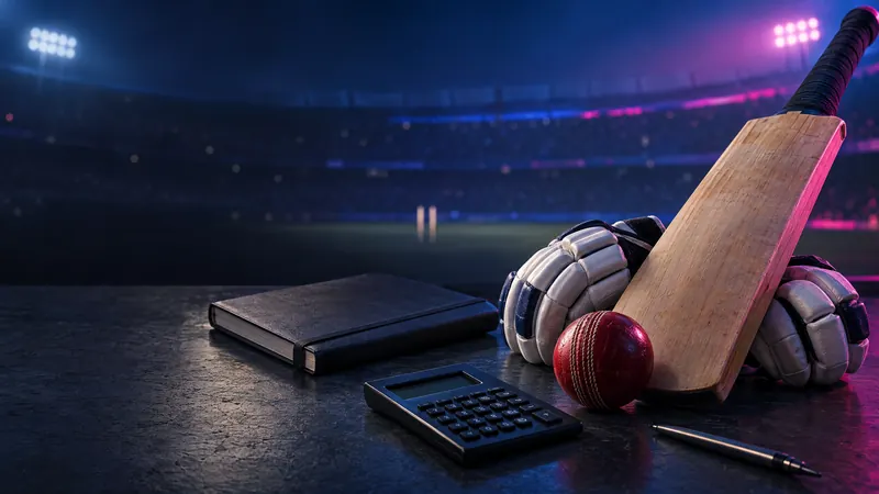Conceptual cricket equipment and calculator illustration for a player earnings guide