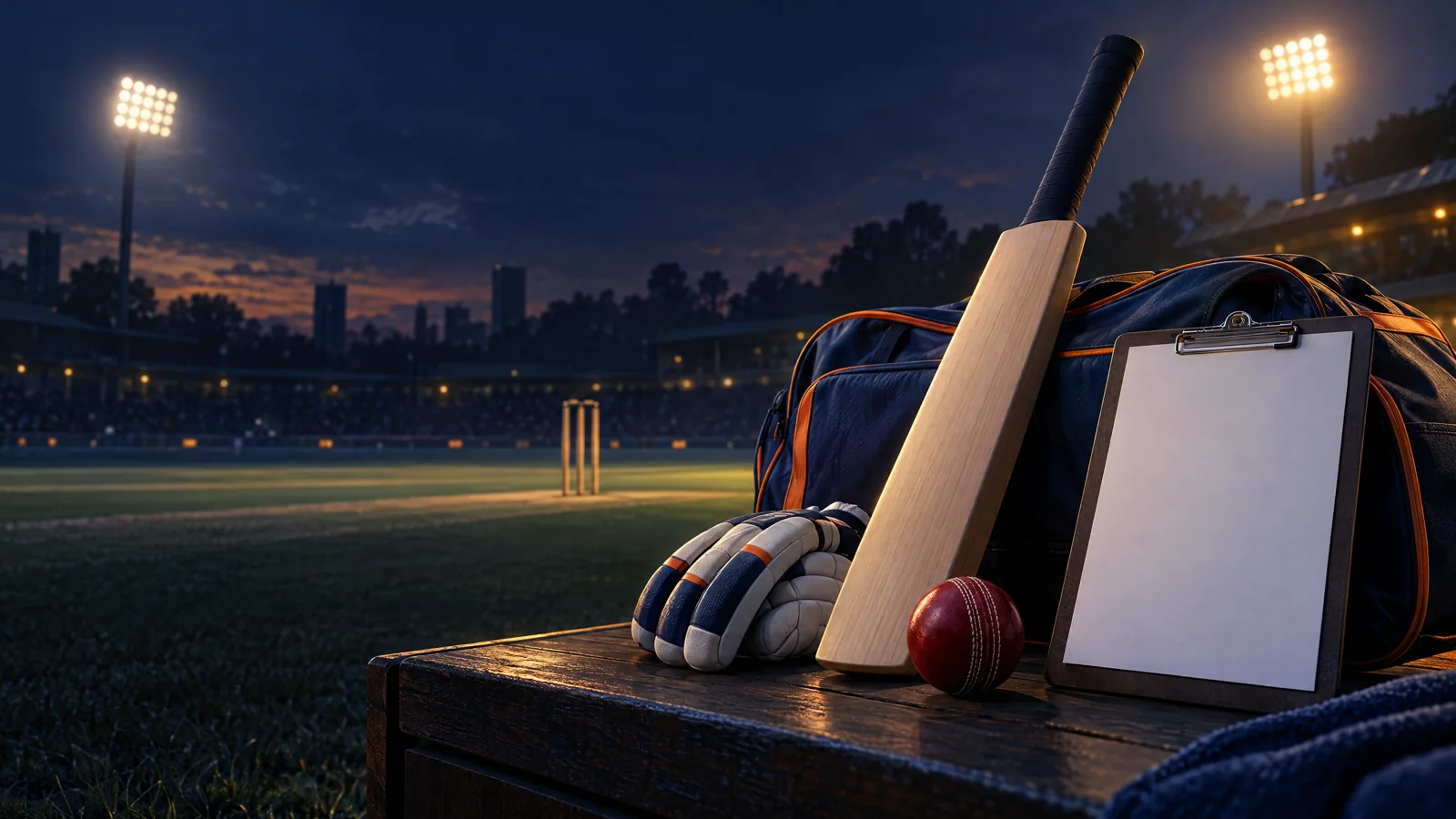 Original conceptual illustration of unbranded cricket equipment and a blank contract clipboard at a floodlit ground; no player or financial amount is depicted.
