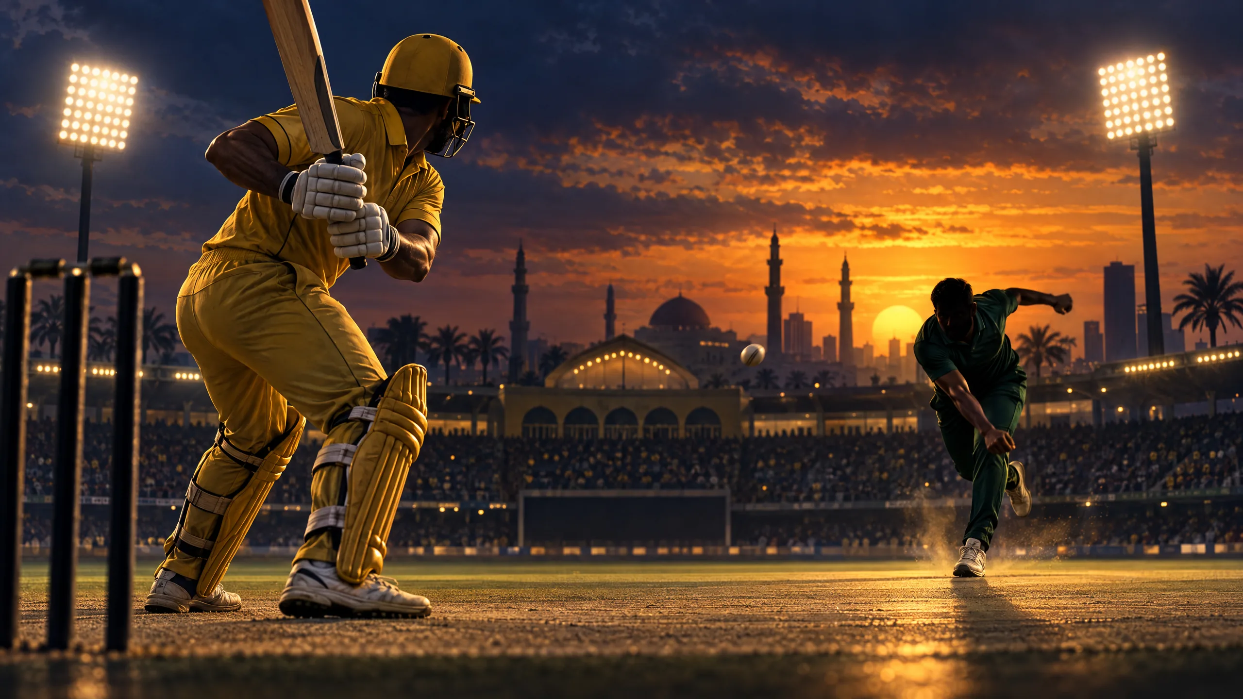 Illustration of anonymous cricket players in gold and green under stadium floodlights, not a photograph of the WCL match