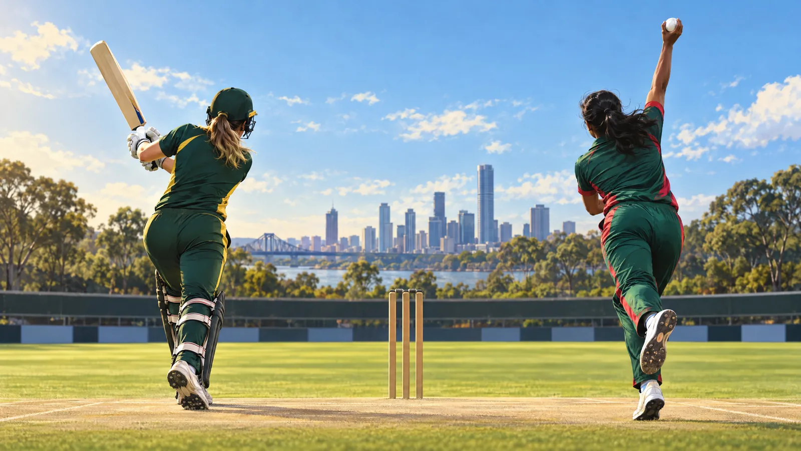Original editorial illustration of two anonymous women playing cricket at a generic oval; not the teams or actual Allan Border Field