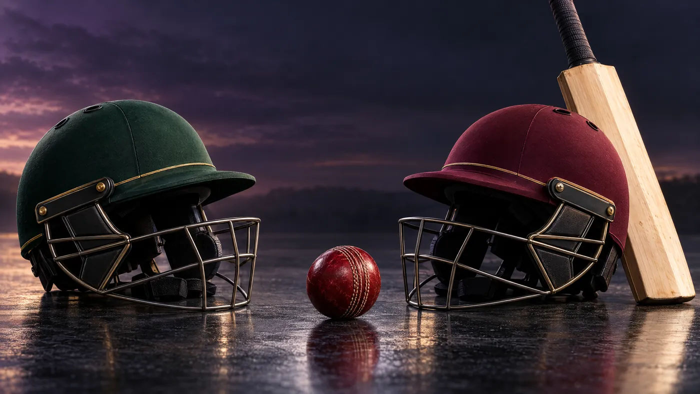 Original conceptual cricket artwork with green and maroon helmets, a willow bat and a red ball; not a player or stadium photograph.
