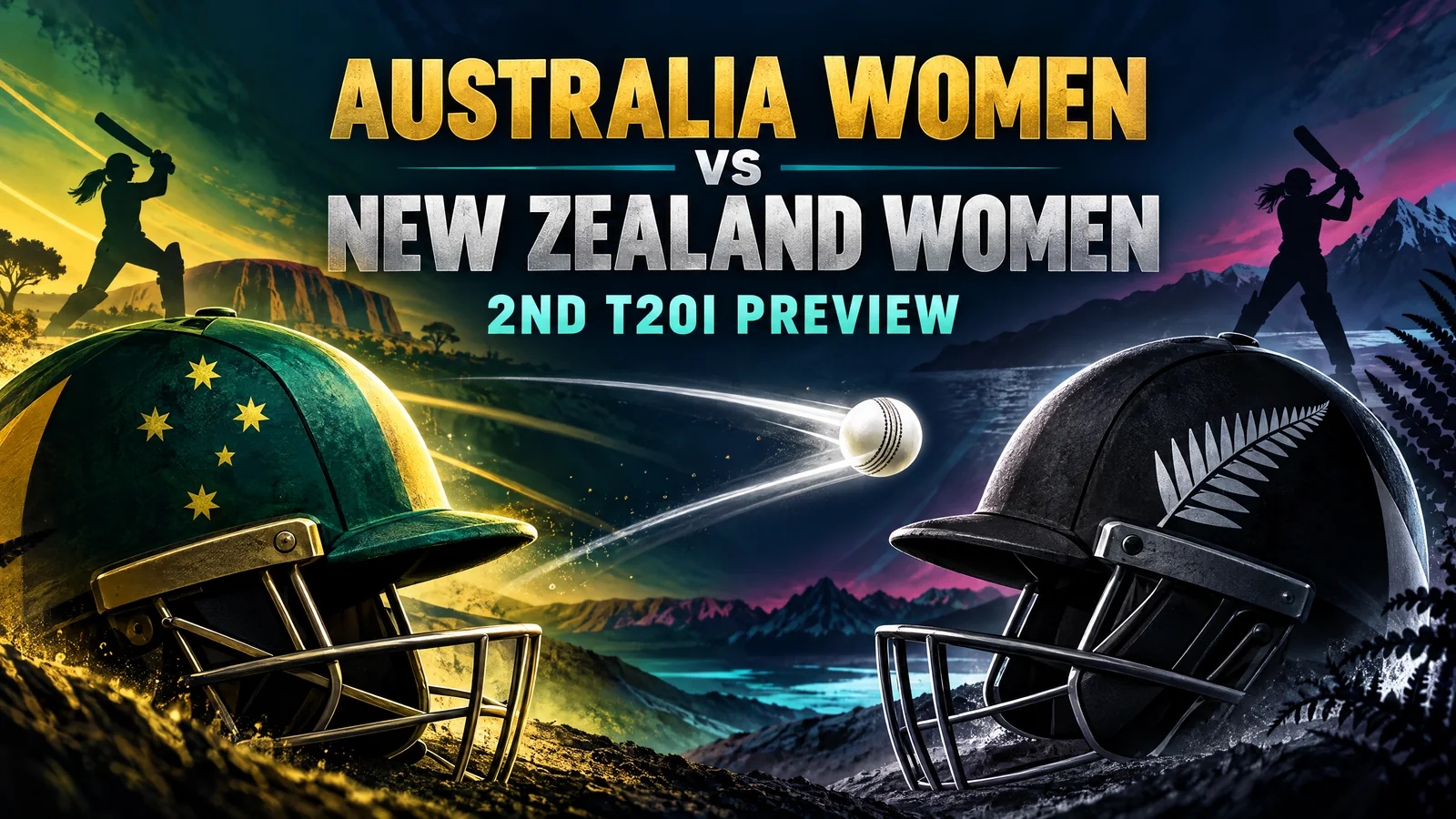 Gold and black cricket helmets with anonymous women batter silhouettes in symbolic Australian and New Zealand landscapes; original editorial illustration, not a match or player photograph.