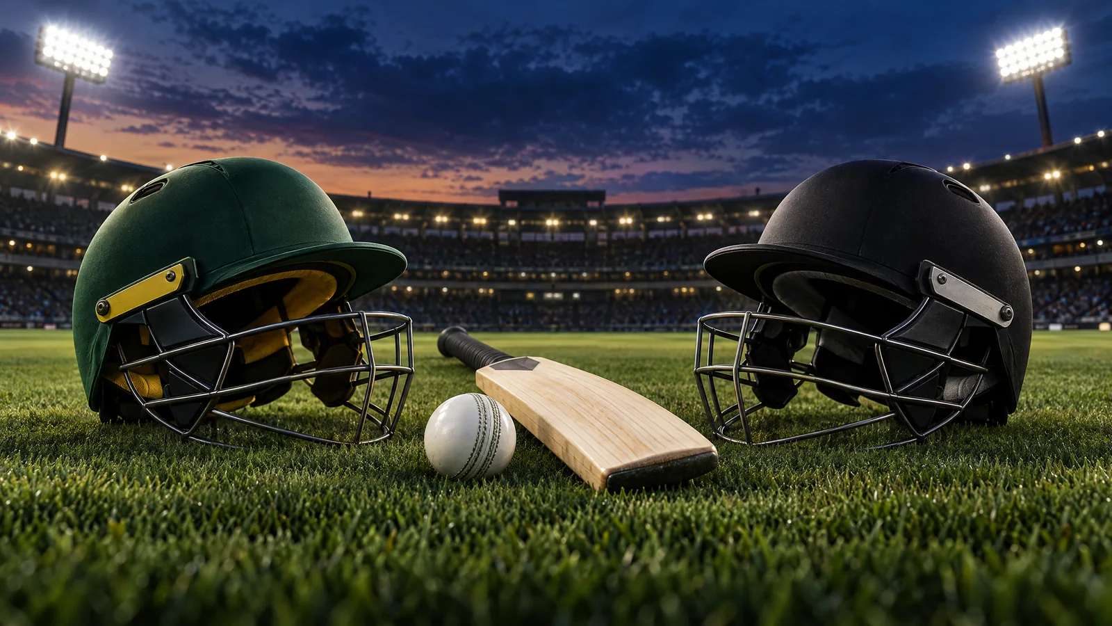 Unbranded green and black cricket helmets beside a white ball and bat under evening lights; original editorial illustration, not a match or player photograph.