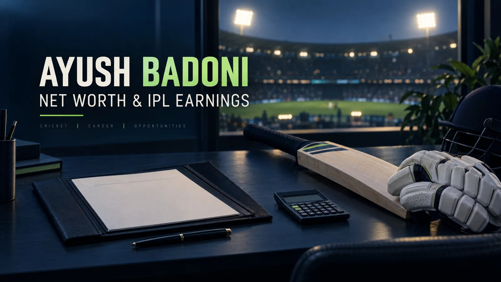 Conceptual illustration of an unbranded cricket bat, gloves, contract folder and calculator for Ayush Badoni’s earnings guide