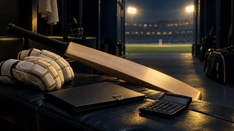 Conceptual cricket equipment and contract illustration for the Ayush Mhatre earnings guide