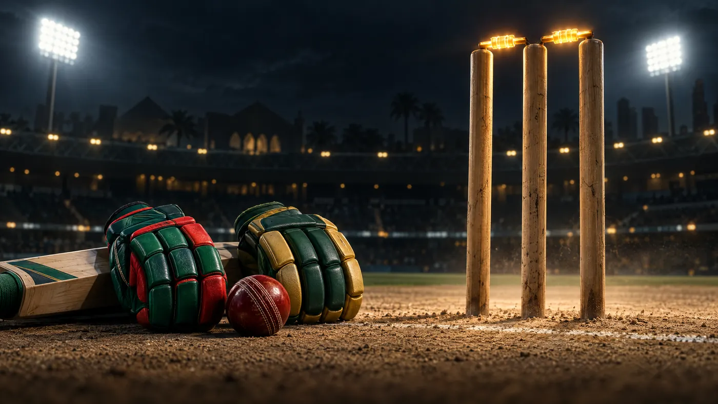 Original conceptual illustration of green-red and green-gold batting gloves, a bat, ball and illuminated stumps; not actual players or a stadium photograph