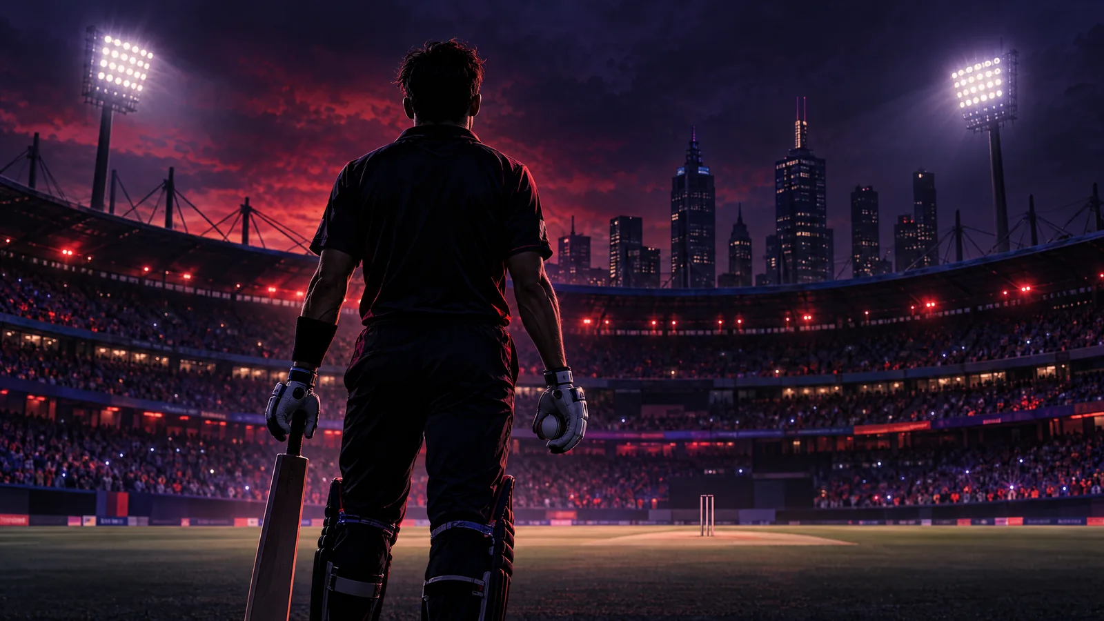 Illustrative silhouette of an anonymous cricketer in a floodlit stadium; not a photograph of Michael Bracewell