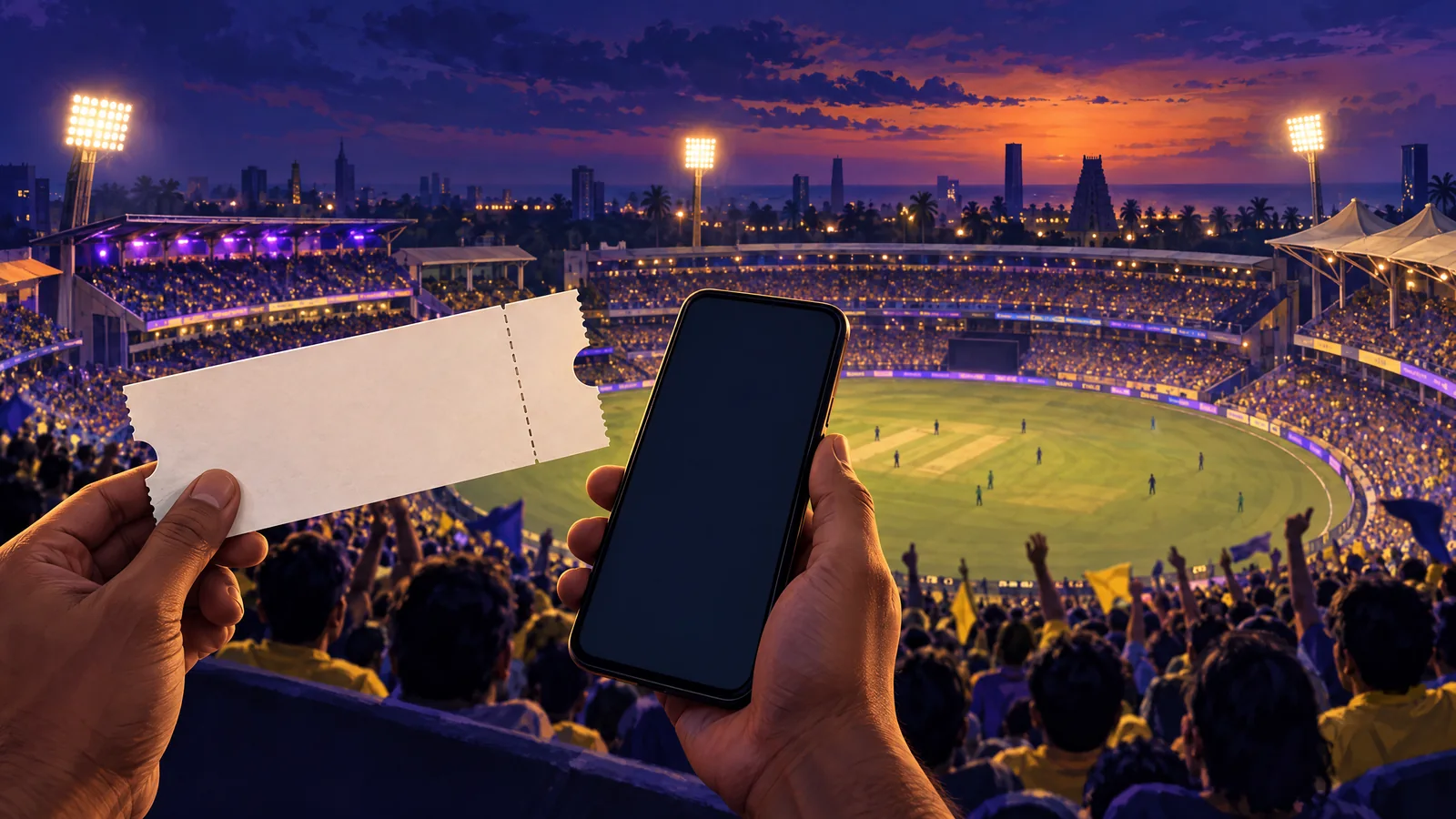Illustrative blank cricket ticket and phone beside an anonymous stadium; not a real ticket or a photograph of Chepauk