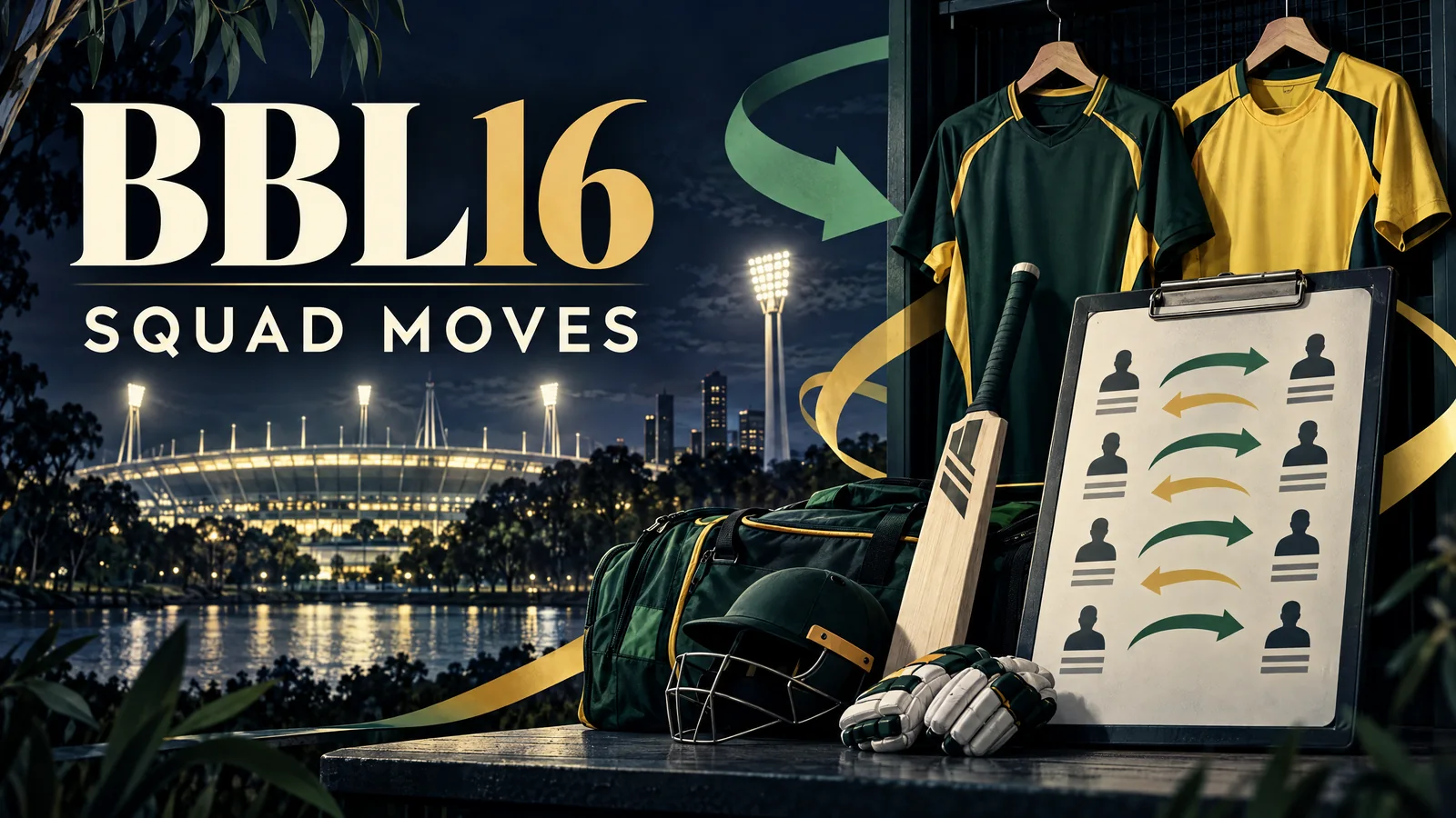 Illustrated roster clipboard, generic jerseys and cricket kit for BBL16 squad moves
