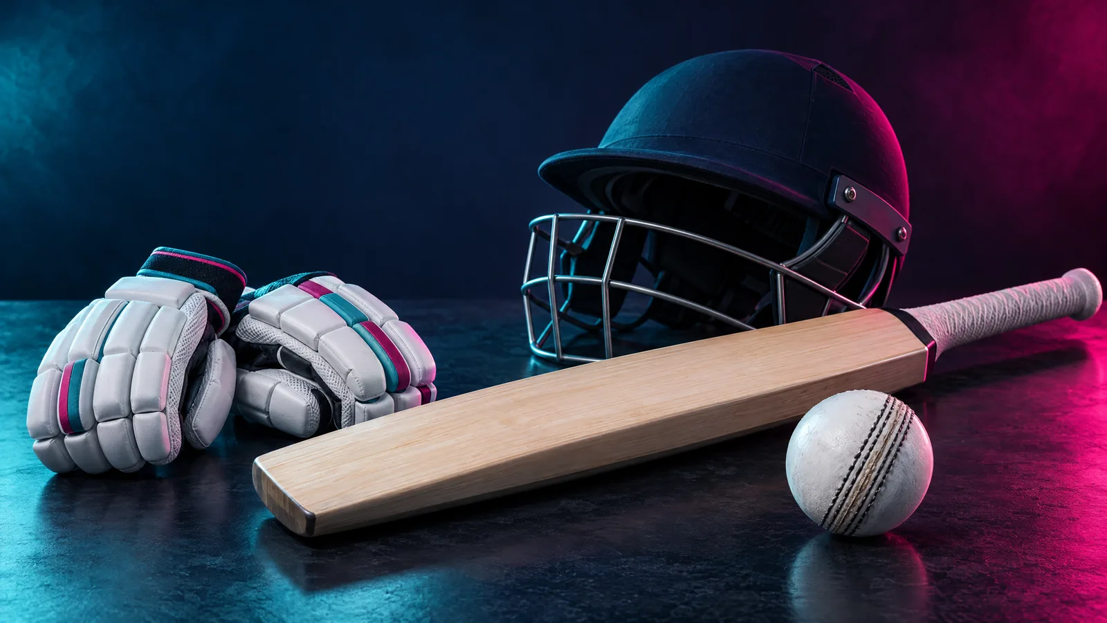 Original unbranded bat, white cricket ball, gloves and helmet in teal and magenta studio light; not real Heat or Sixers players or Allan Border Field photography.