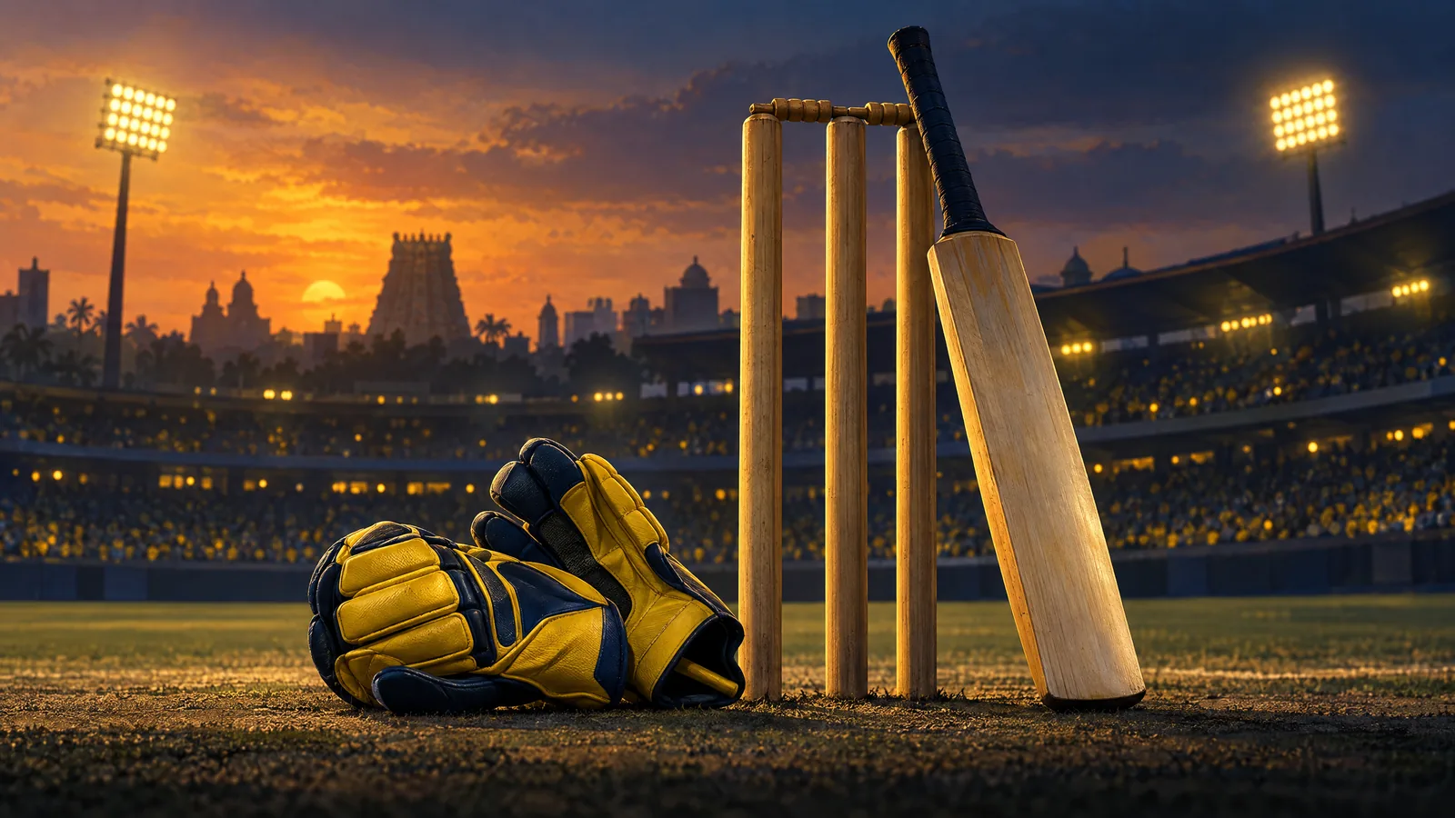 Original conceptual illustration of yellow-and-navy cricket gloves, bat and stumps; not an actual CSK photograph