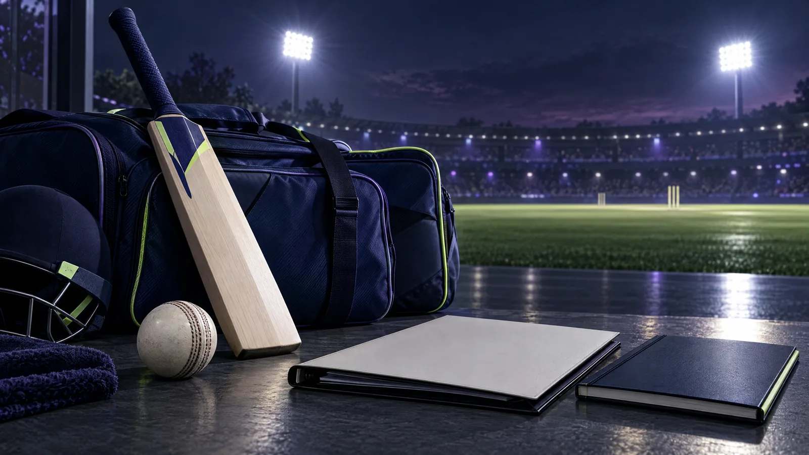 Original conceptual illustration of unbranded cricket equipment, a blank contract and earnings notes under floodlights; no player or financial amount is depicted.