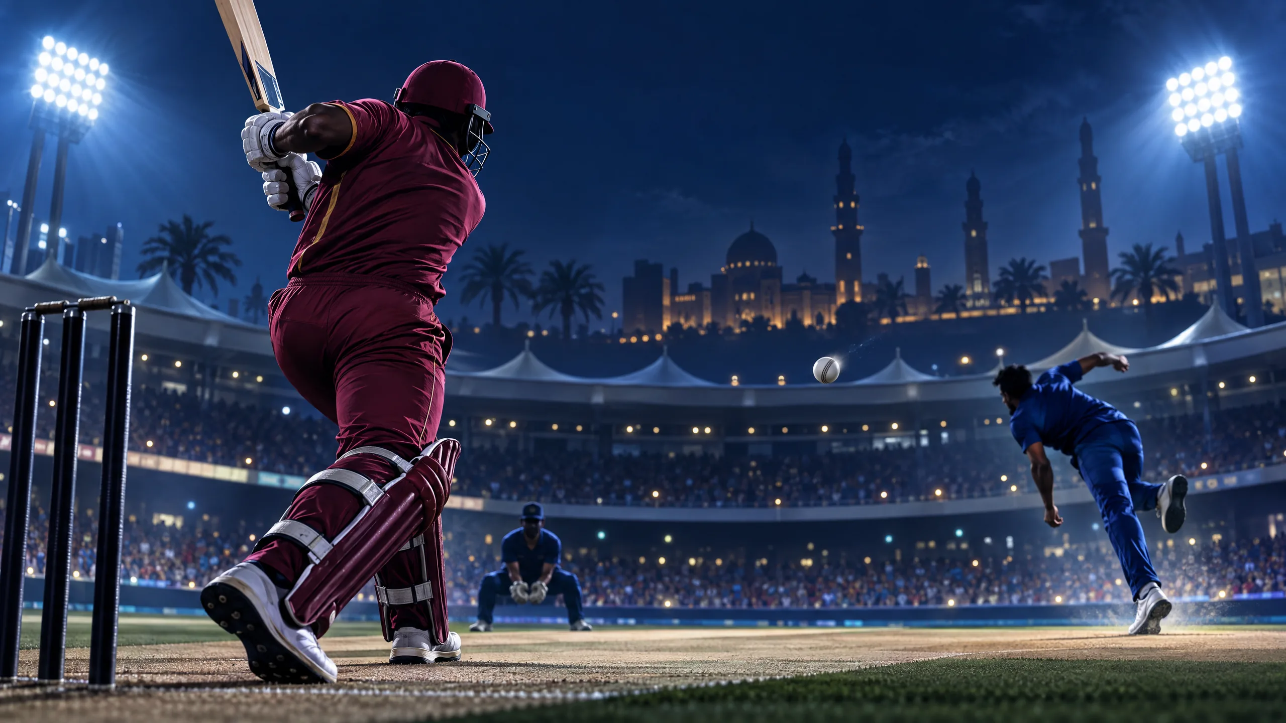 Night-cricket illustration of anonymous maroon and blue-clad players under floodlights; not footage of England or West Indies Champions