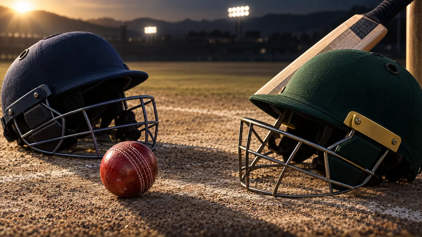 Original conceptual illustration of navy and green cricket helmets, a bat and ball; not a photograph of players or Sharjah Stadium