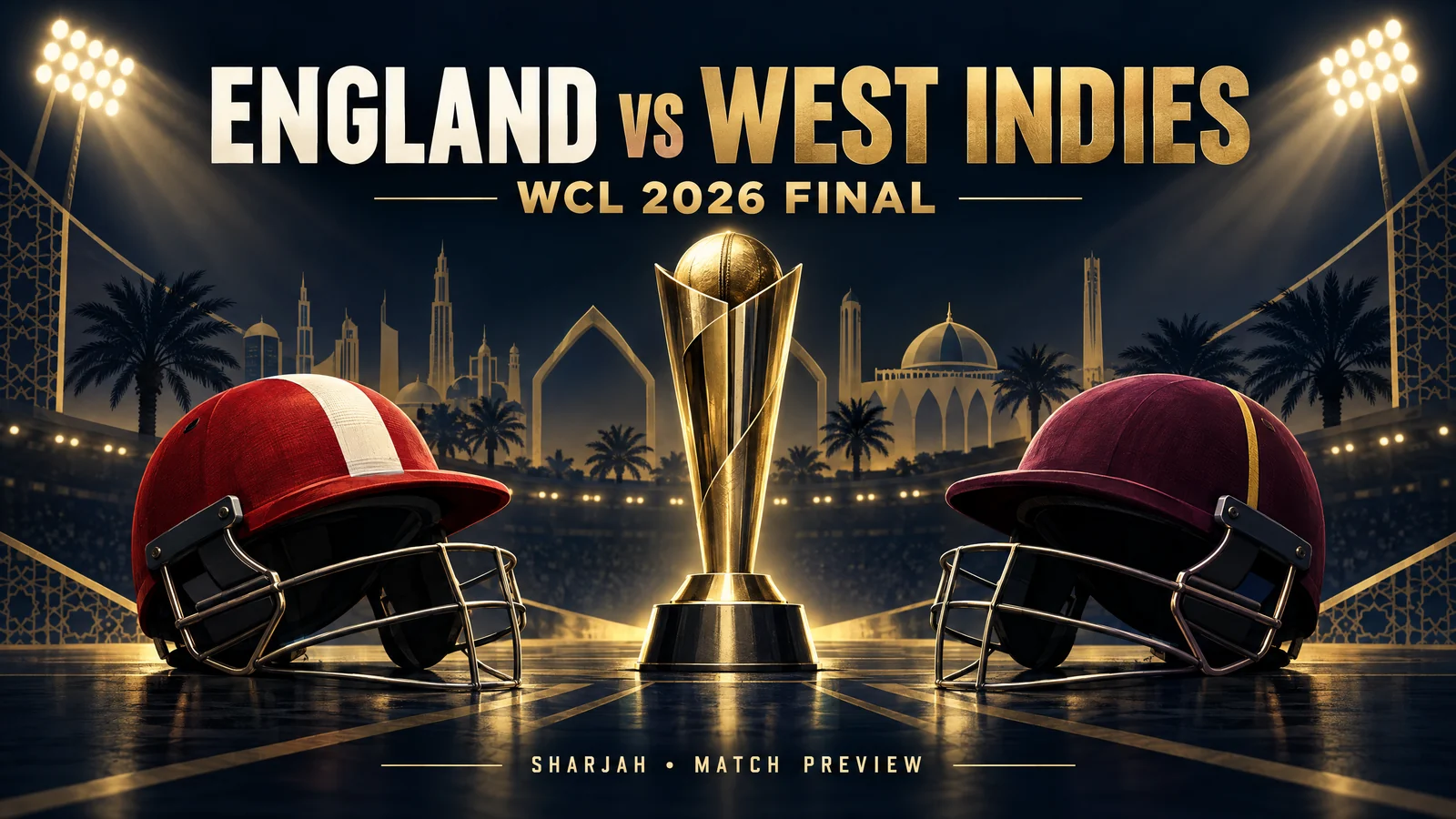 Conceptual England versus West Indies WCL final cover with stylized helmets and an unbranded cup; not the official trophy.
