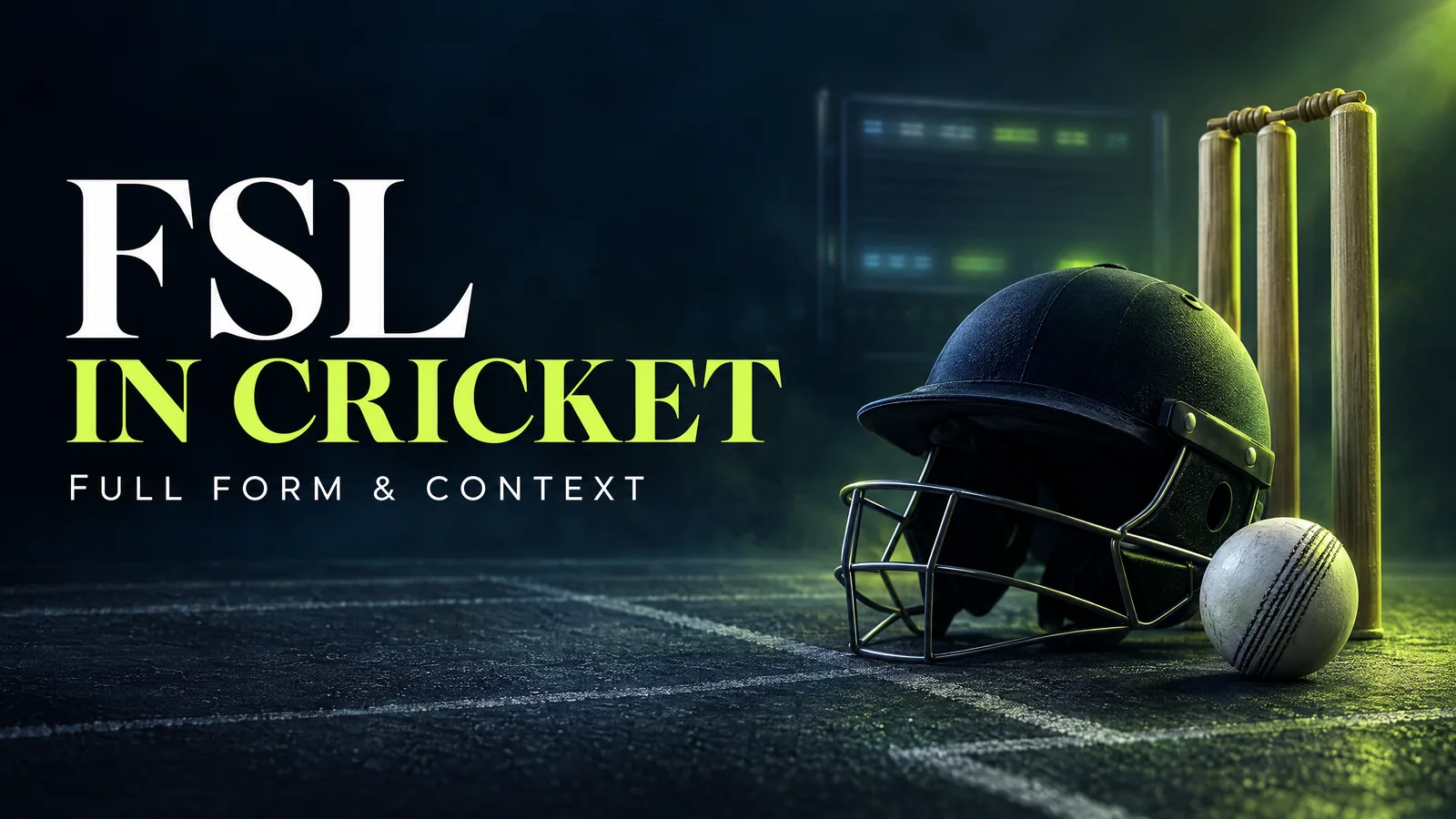 Original editorial illustration of cricket equipment with the words FSL in Cricket and Full Form and Context; not an official league graphic.