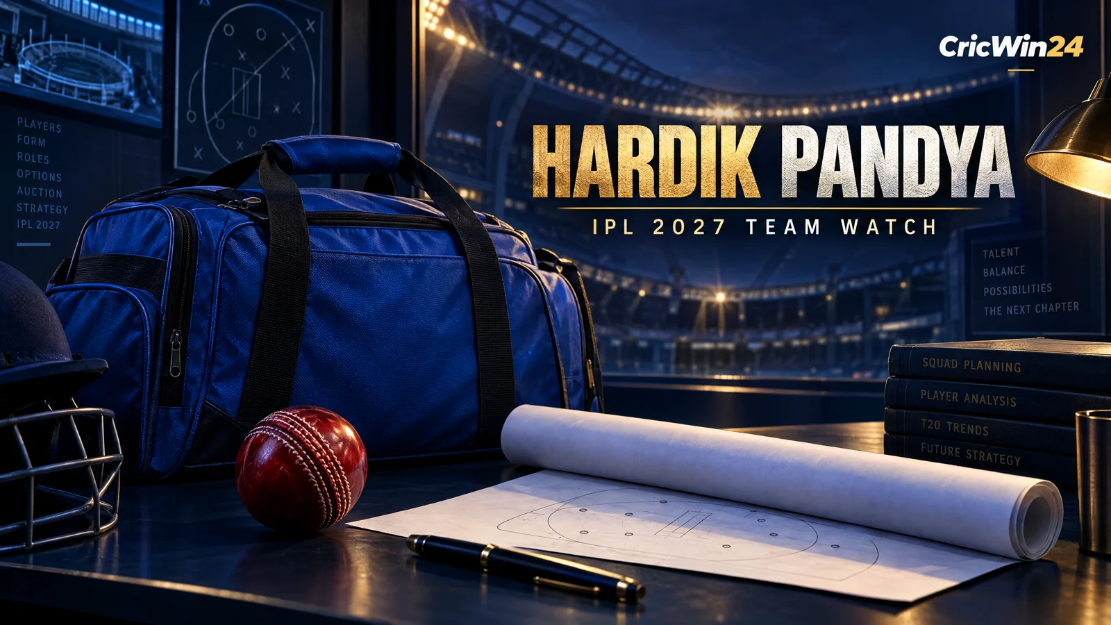 Original conceptual cricket artwork about IPL team planning; no player photograph or confirmed appointment is depicted