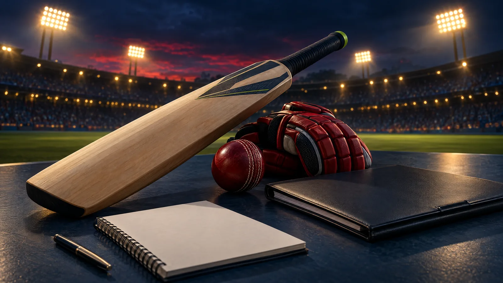 Original conceptual illustration of unbranded cricket equipment, a blank contract and earnings notes at a floodlit ground; no player or financial amount is depicted.