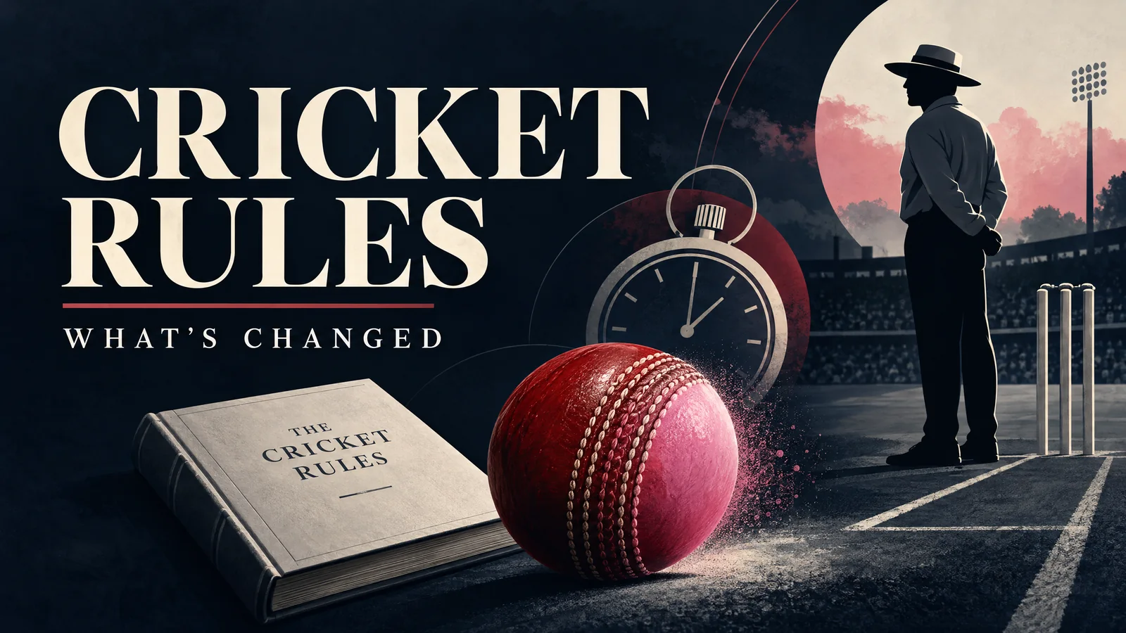 Illustrated umpire, rulebook, stopwatch and red-to-pink cricket ball for the playing-condition explainer