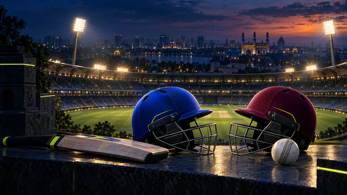 Original conceptual cricket illustration for India versus West Indies fourth T20I in Hyderabad, with blue and maroon helmets under floodlights