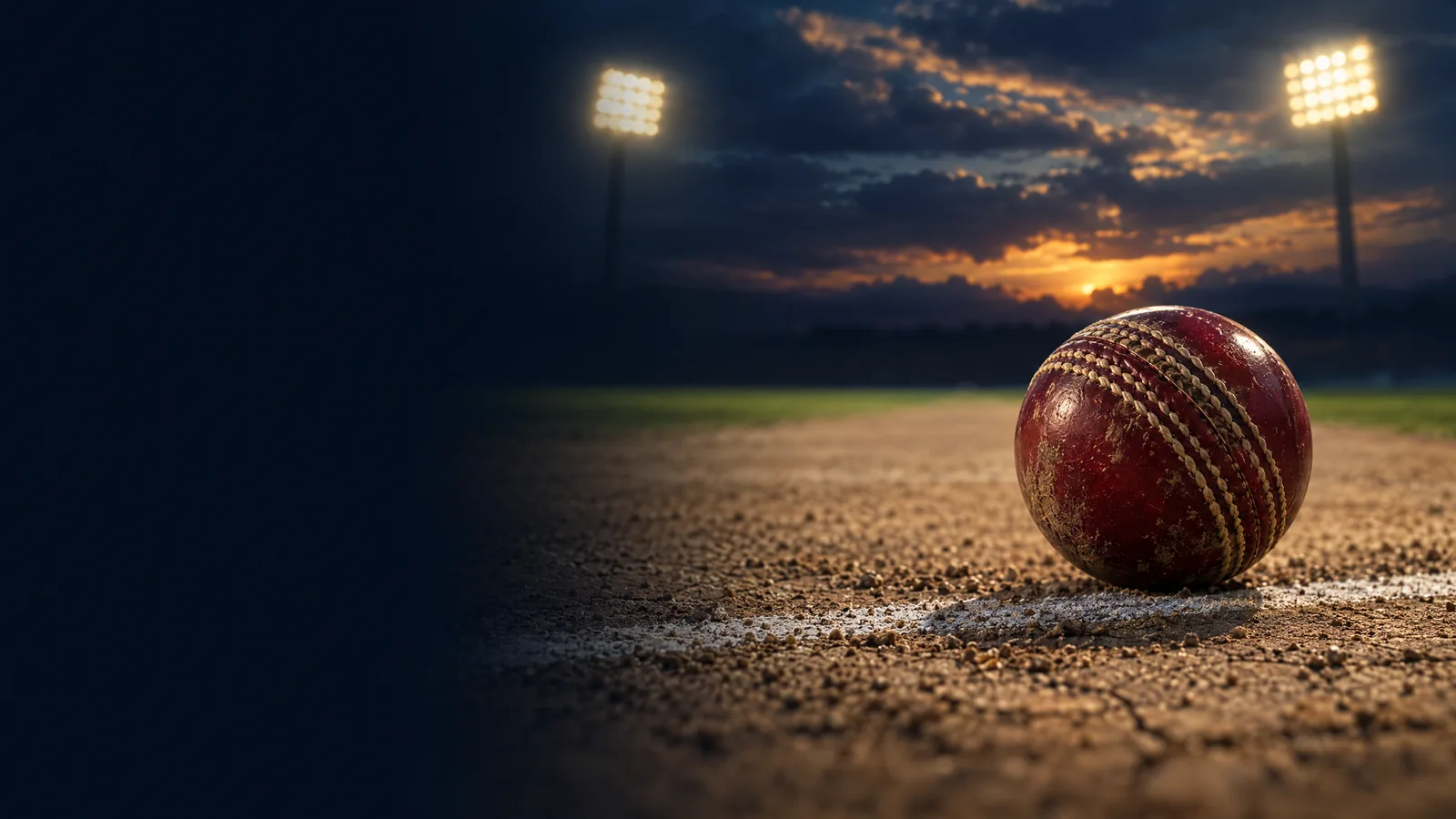 Original conceptual illustration of a cricket ball near a pitch crease beneath abstract evening clouds; not a photograph of observed Hyderabad weather