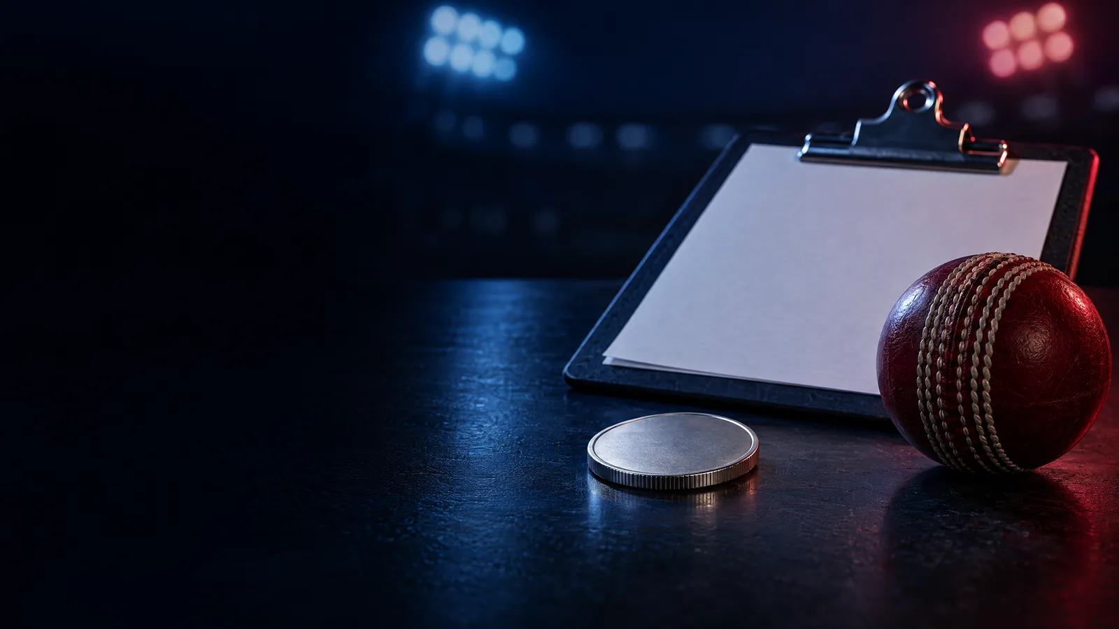 Original symbolic illustration of an unmarked toss coin, blank team sheet and cricket ball; not a photograph of an actual toss