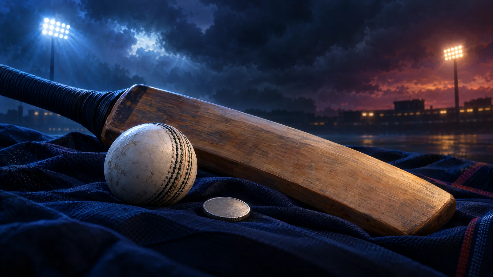 Original conceptual illustration of cricket equipment and a toss coin under abstract evening clouds; not a photograph of Ranchi or observed match-day weather