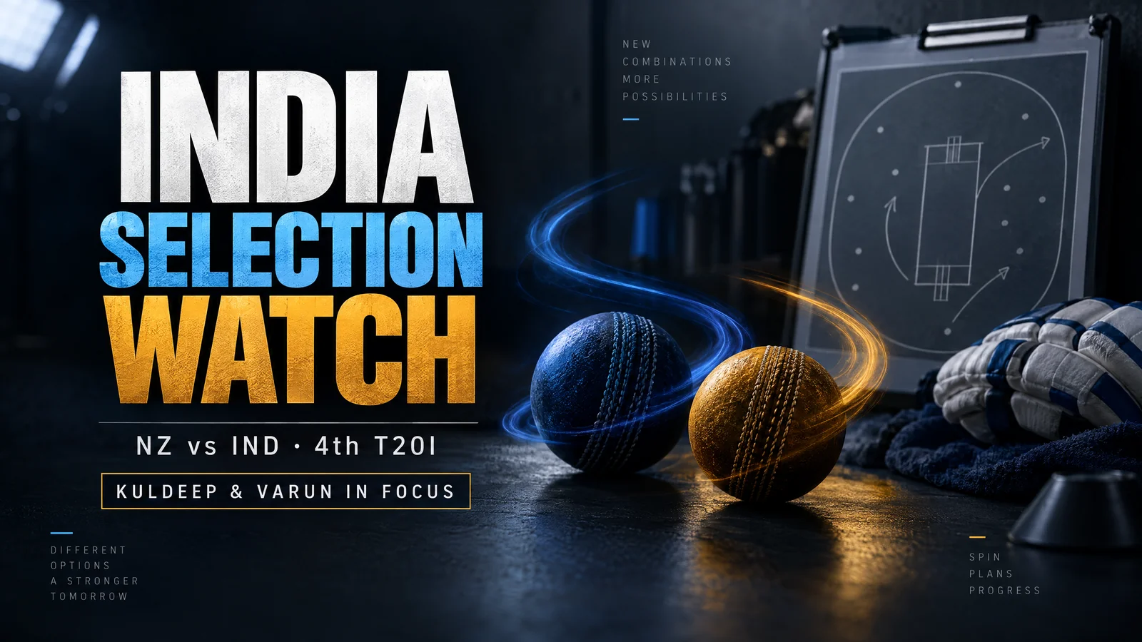 AI-generated editorial illustration: Unbranded cricket balls and a tactical board illustrate India’s selection discussion with Kuldeep and Varun in focus
