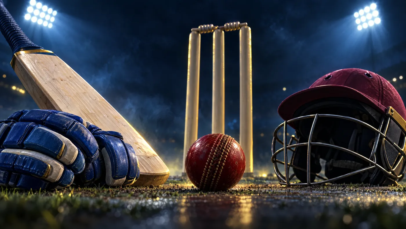 Original conceptual illustration of blue gloves, a bat and maroon helmet under floodlights; not an actual team or Sharjah match photograph