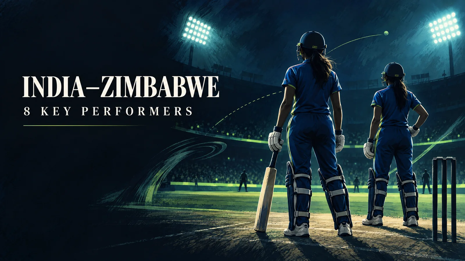 Editorial illustration of anonymous women cricketers under floodlights for India–Zimbabwe first-T20I player analysis