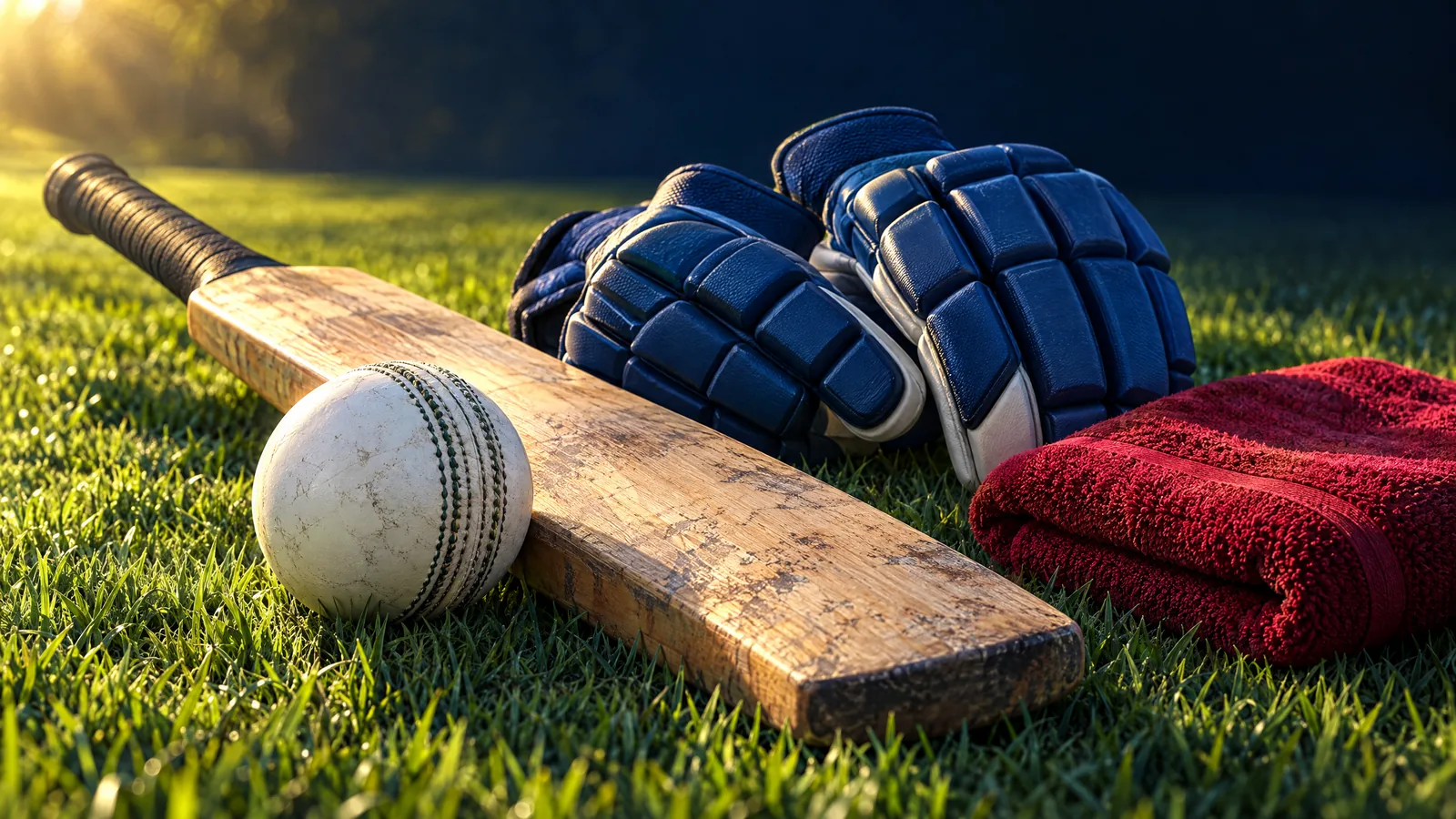 Original equipment-based editorial illustration: white cricket ball, plain bat, blue gloves and crimson towel on anonymous grass; not real players or Kotambi photography.