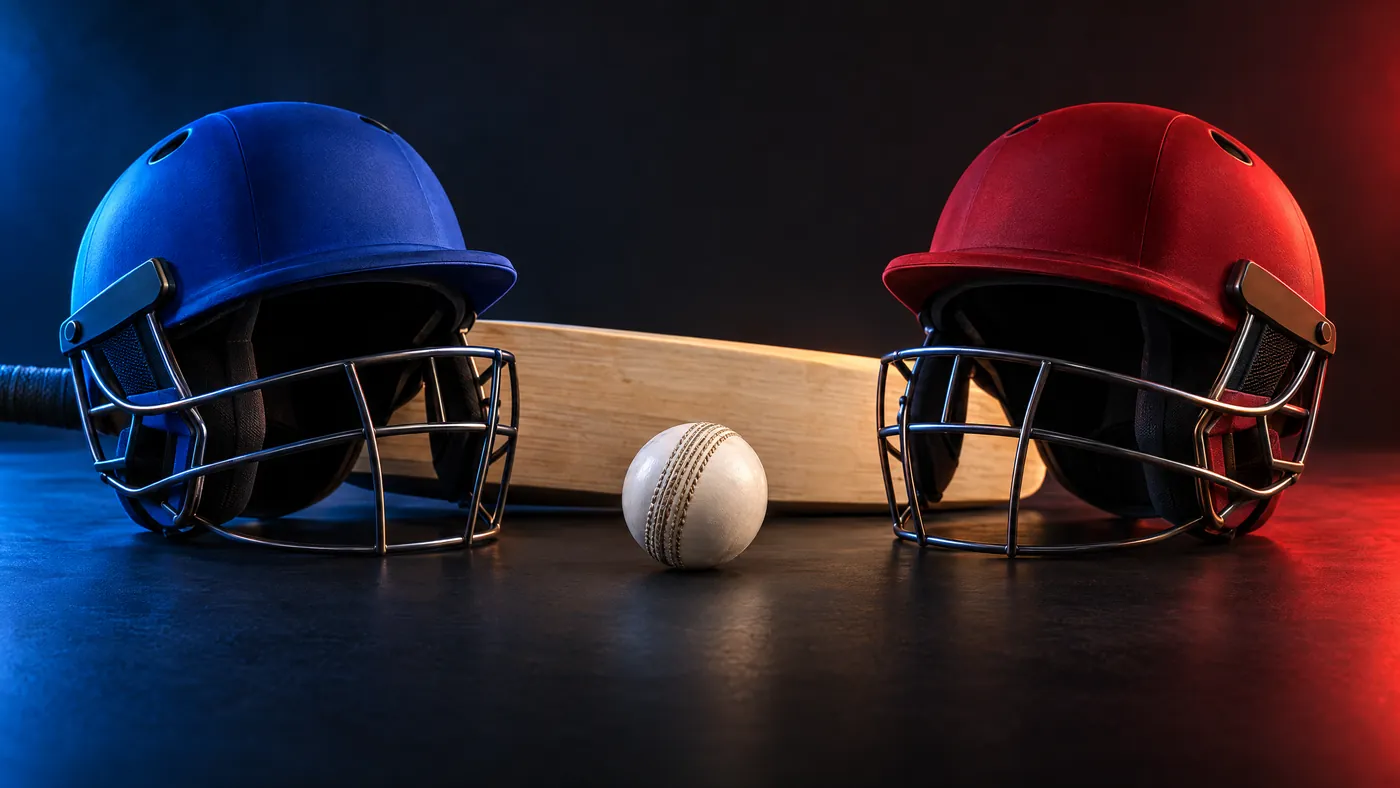 Original conceptual cricket artwork showing blue and red cricket helmets, a willow bat and a white ball; not a stadium or player photograph.
