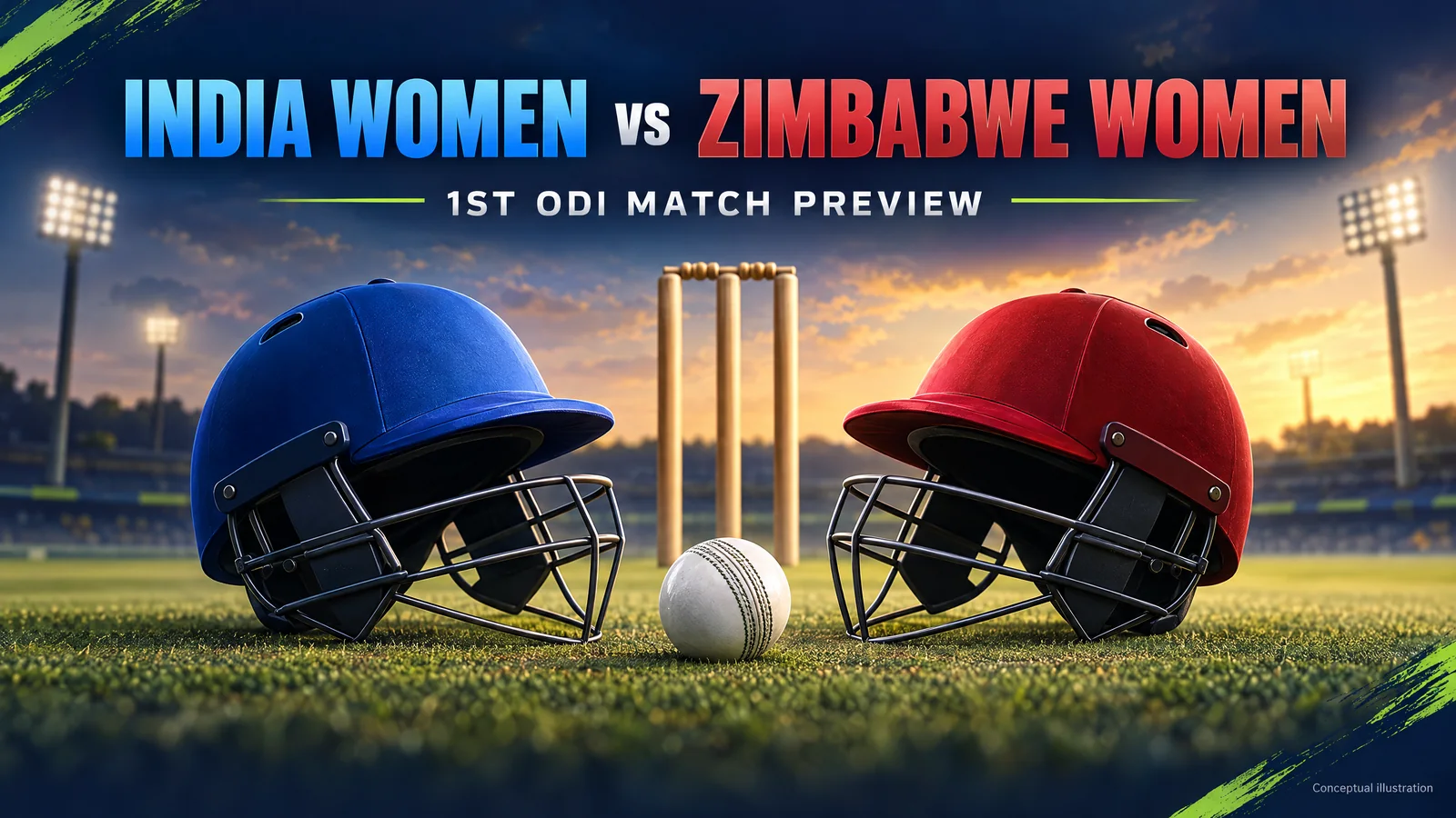 Unbranded blue and crimson cricket helmets with a white ball on an anonymous afternoon cricket outfield; original editorial illustration, not a match or player photograph.