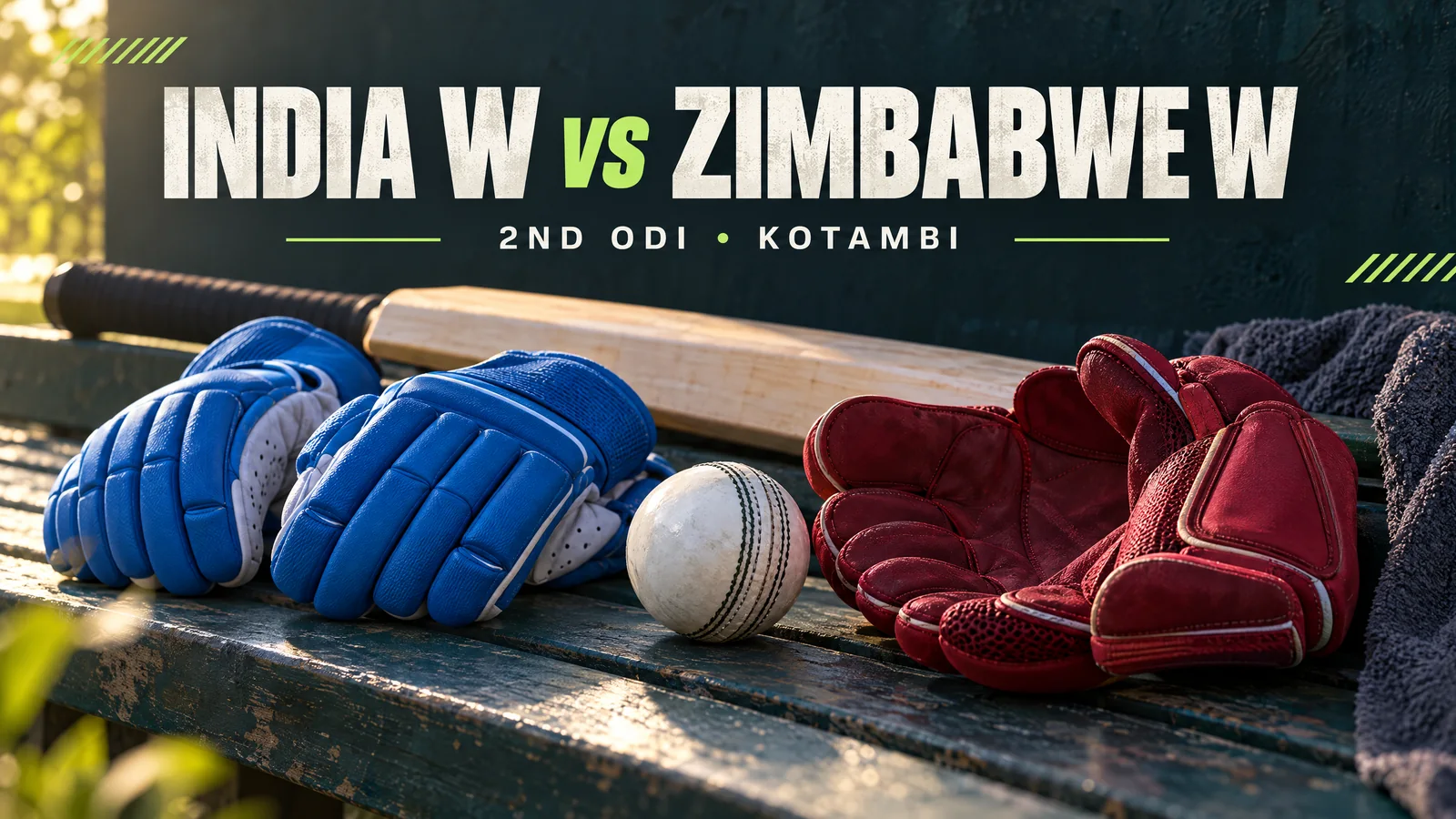 Unbranded blue batting gloves and crimson wicketkeeping gloves with a white ball and plain bat on an anonymous outfield bench; original editorial illustration, not a match or player photograph.