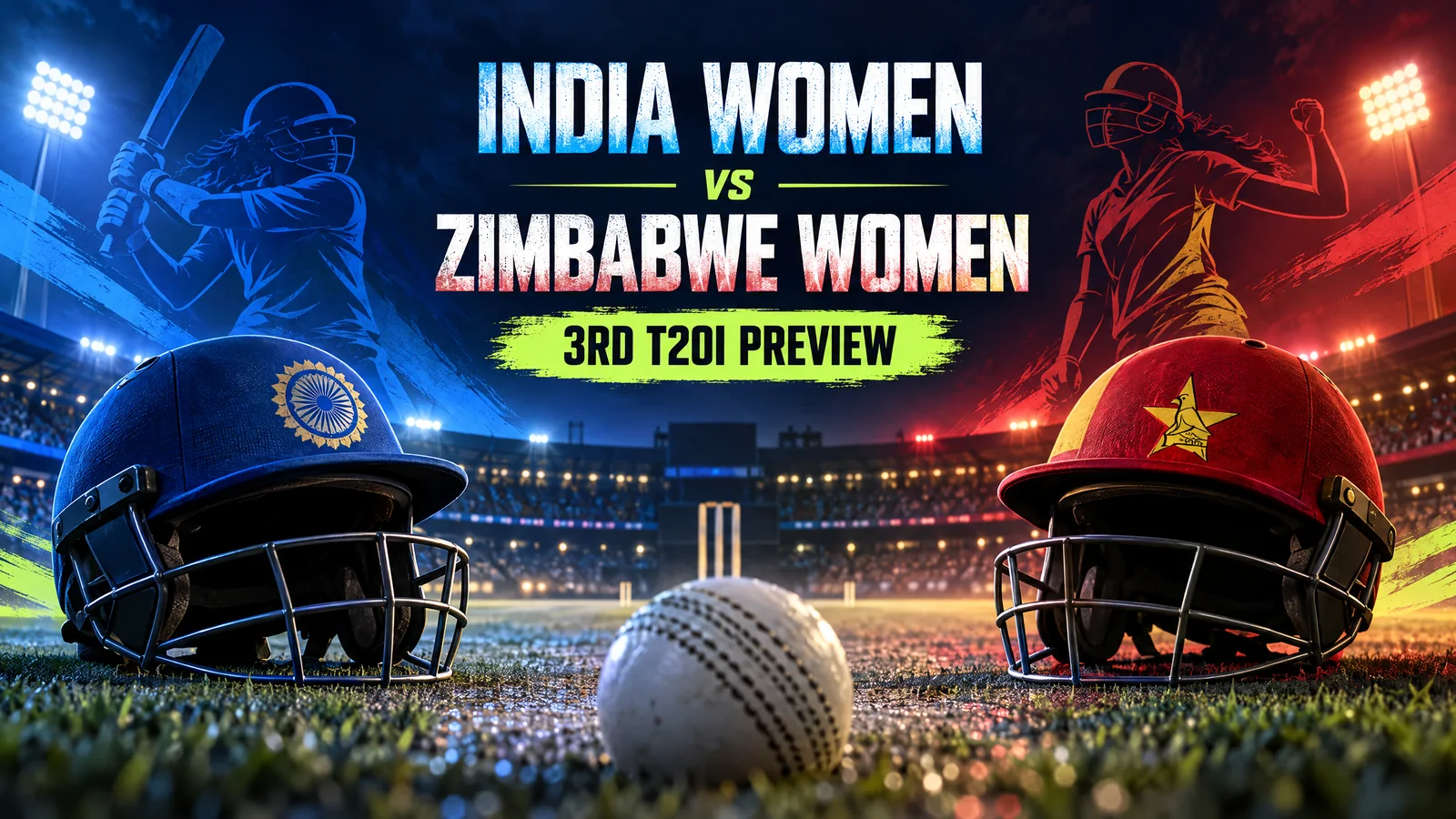 Blue and red cricket helmets and anonymous illustrated women players above a stylized floodlit pitch; original editorial illustration, not a match or player photograph.