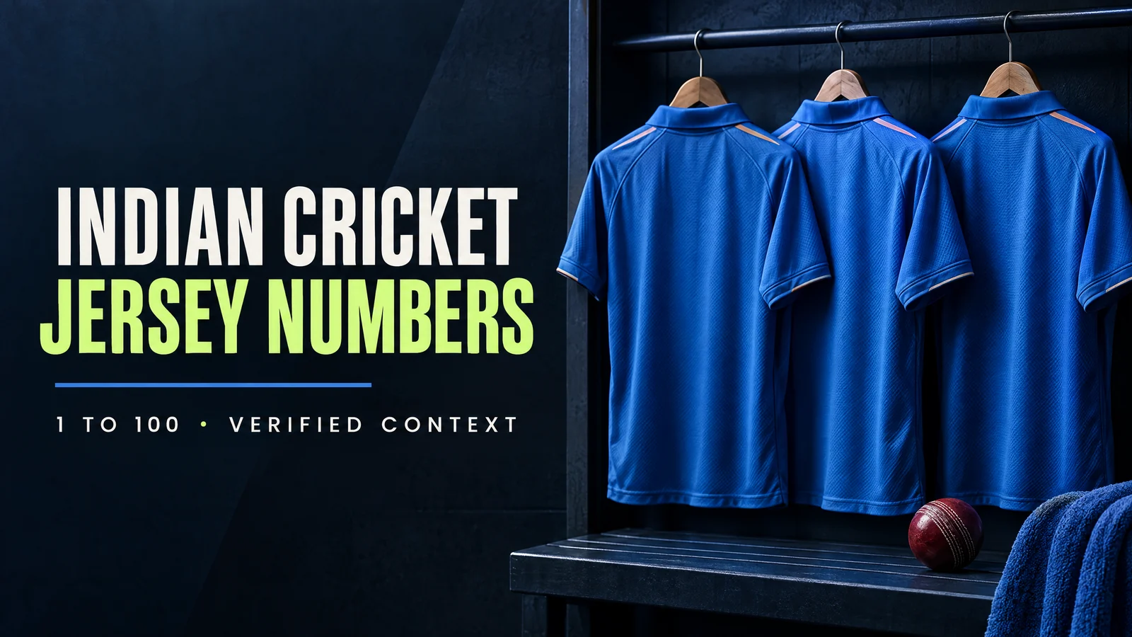 Original illustration of three plain blue cricket jerseys beside the text Indian Cricket Jersey Numbers 1 to 100.