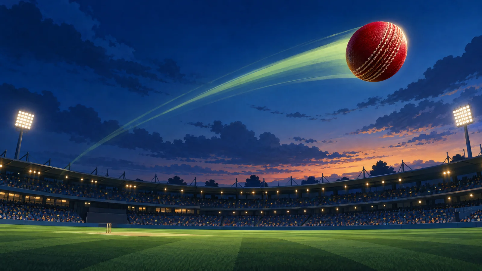 Conceptual illustration of a cricket ball above floodlit stands, not footage or a measurement of a record six