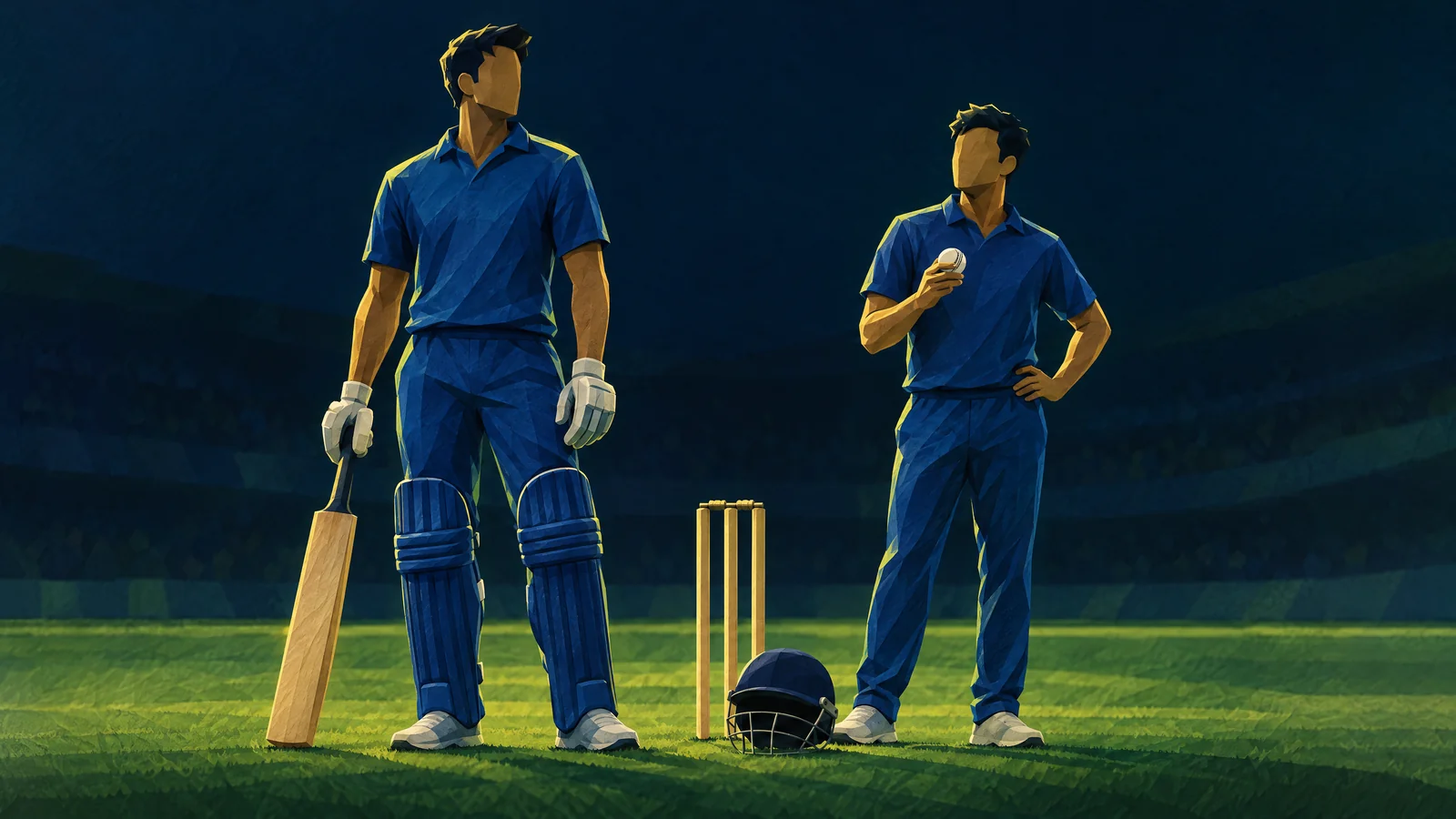 Conceptual illustration of anonymous cricket players beside cricket equipment, not a measured height comparison