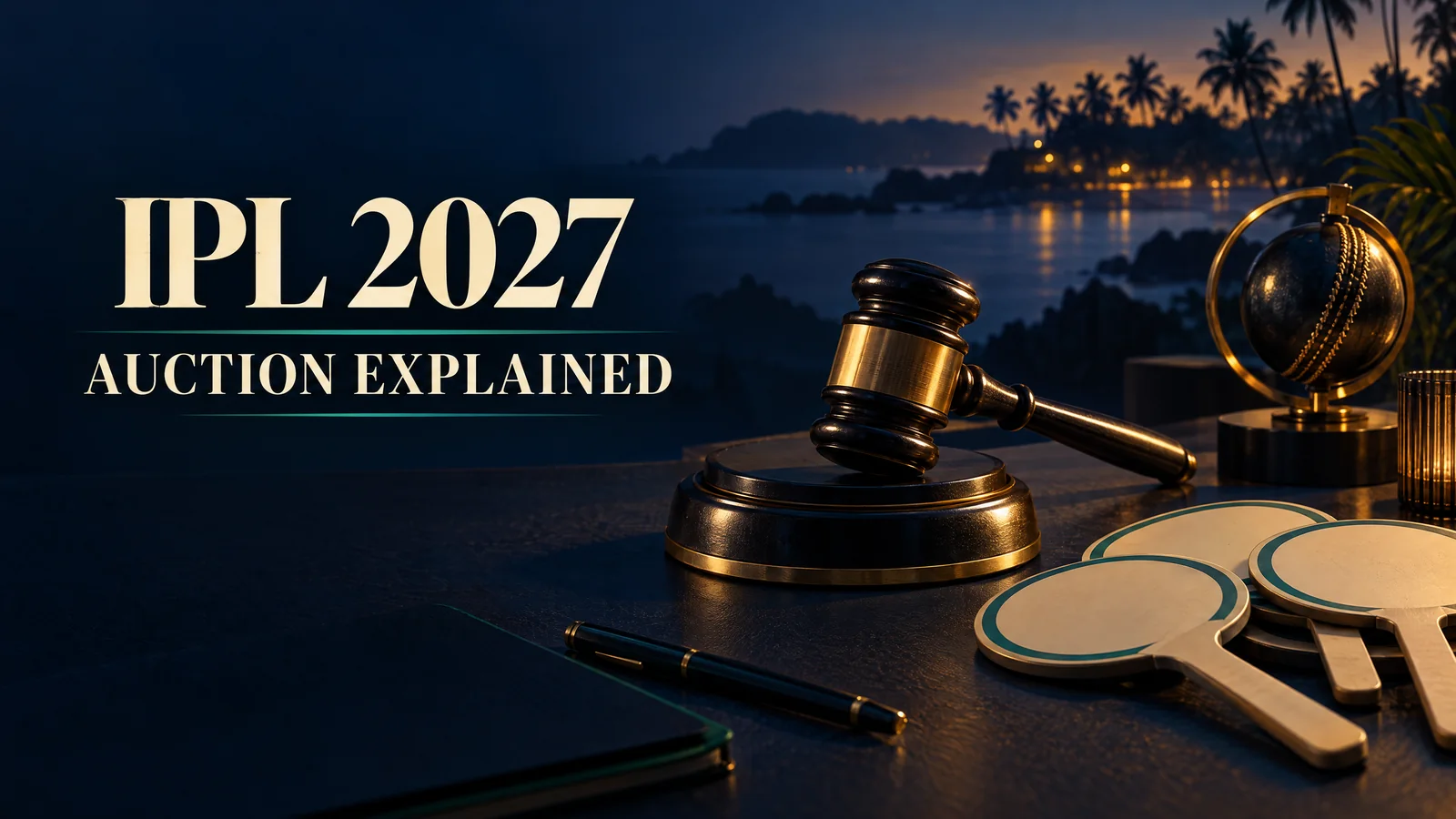 Illustrated auction gavel and blank bidding paddles with a coastal backdrop for the IPL 2027 auction explainer