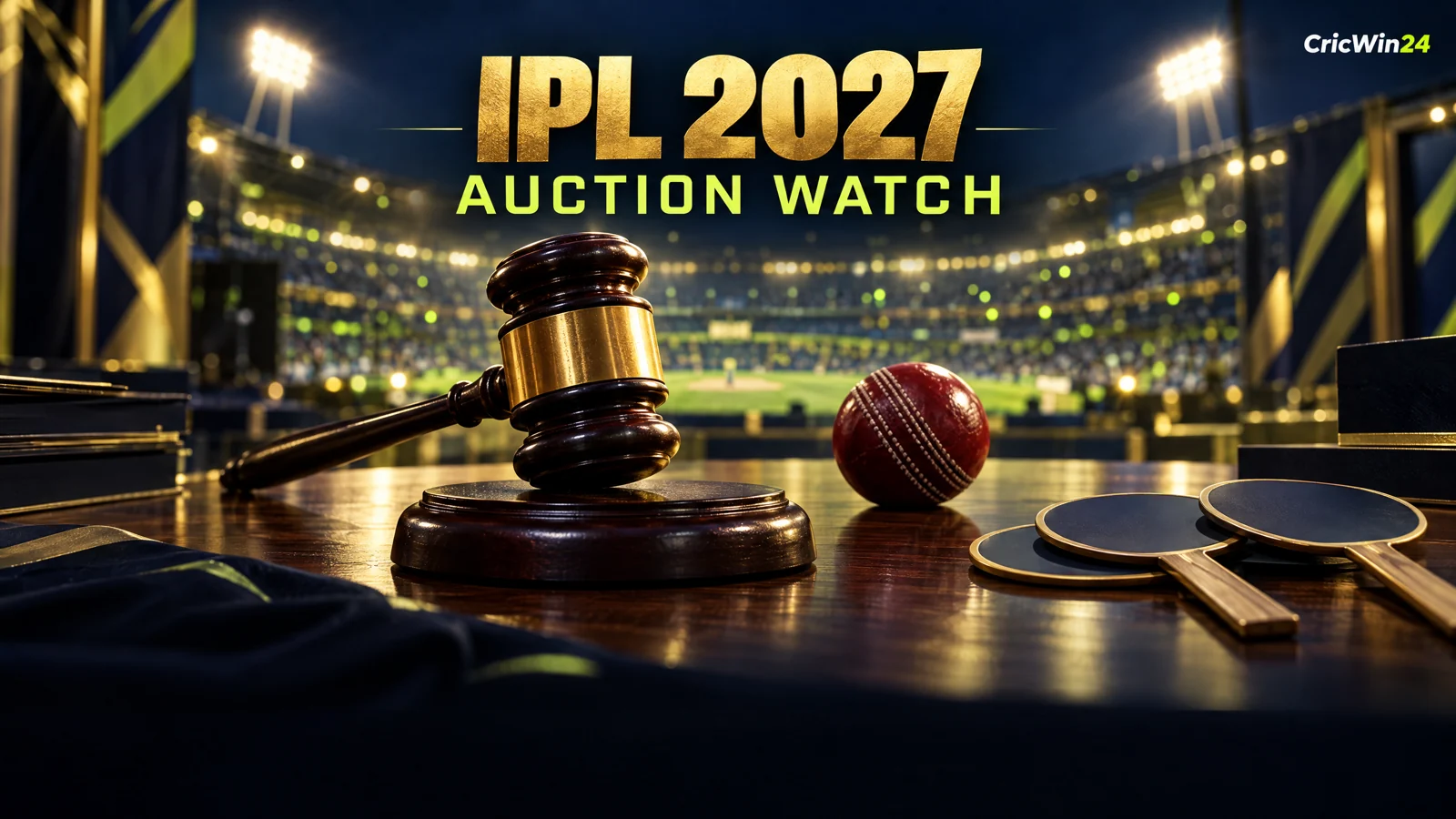 Original conceptual illustration of an auction gavel, cricket ball and blank bidding paddles against a floodlit stadium, labelled IPL 2027 Auction Watch; not an official event photograph