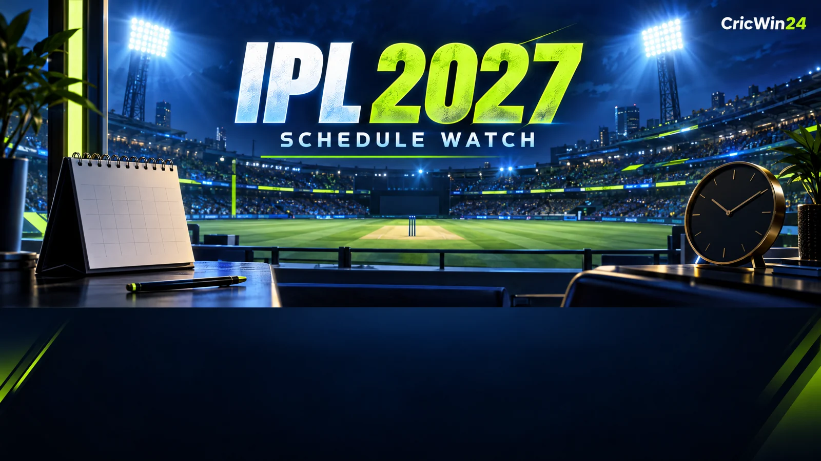 Illustrative cricket stadium under floodlights representing the unresolved IPL 2027 schedule, with no confirmed date, teams or venue shown.