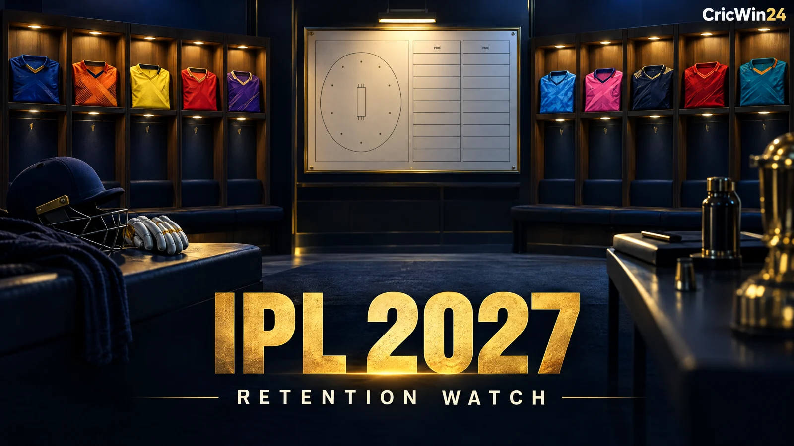 Original conceptual illustration of ten unbranded jerseys and a blank squad-planning board in a cricket dressing room, labelled IPL 2027 Retention Watch; not a confirmed squad