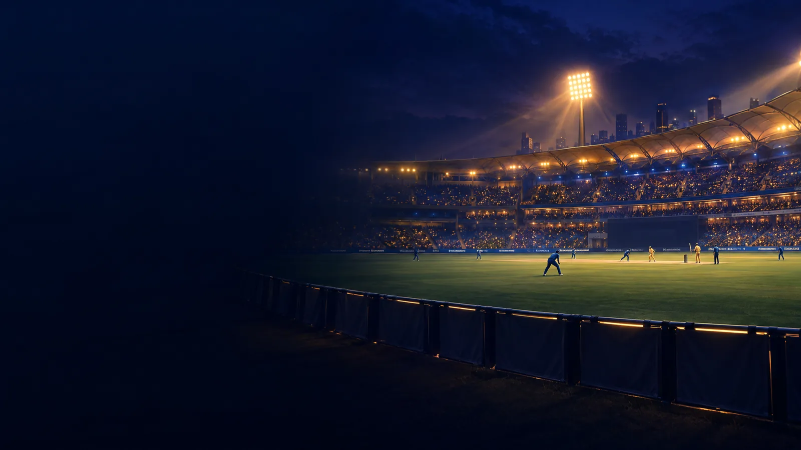 Original illustration of an unnamed cricket ground under floodlights; not an IPL 2027 match