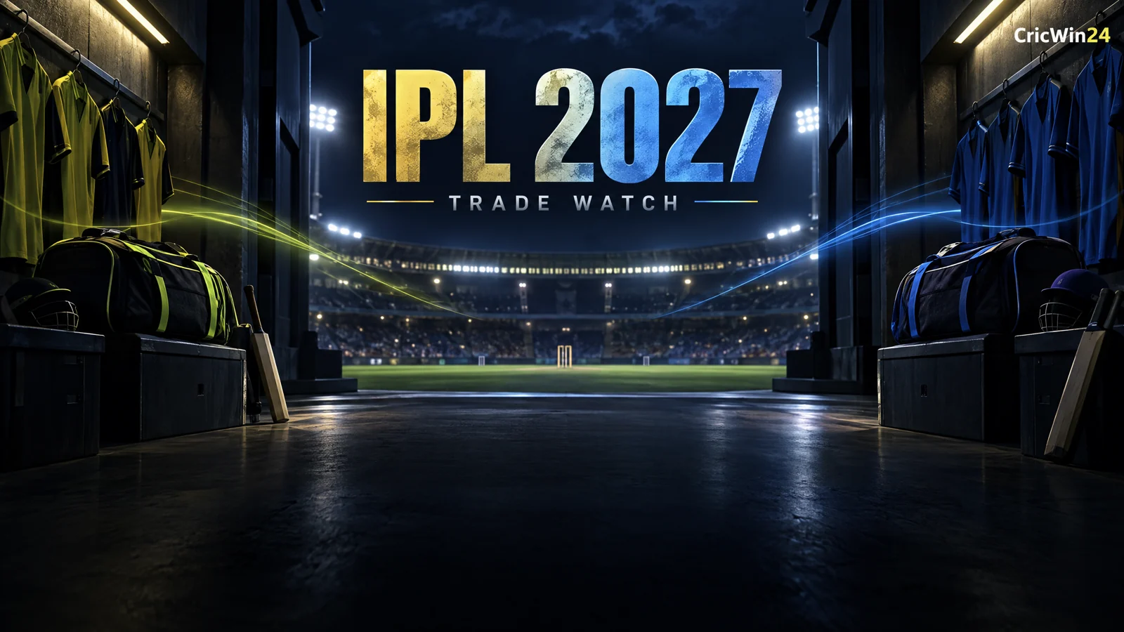 Original conceptual illustration of unbranded cricket kit bags and jerseys in a stadium tunnel, labelled IPL 2027 Trade Watch; not a confirmed player transfer