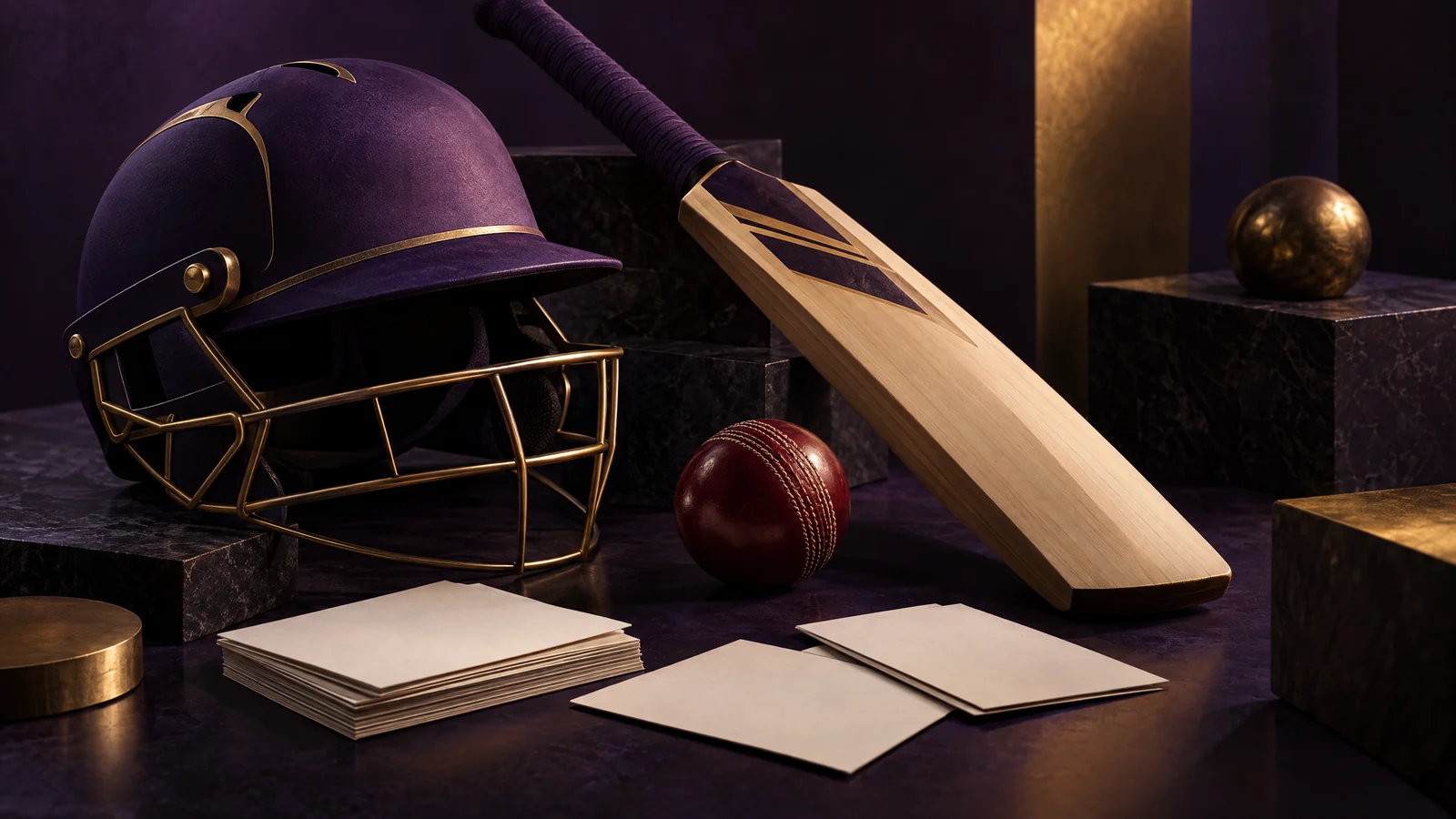 Original conceptual illustration of a purple-and-gold cricket helmet, bat, ball and scouting cards; not a KKR team photograph