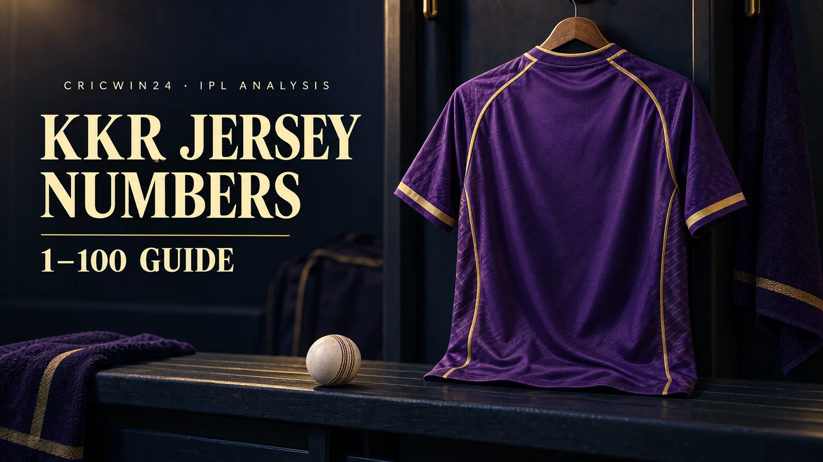Original KKR jersey-number guide illustration showing a conceptual unbranded purple and gold shirt, not an actual player kit.